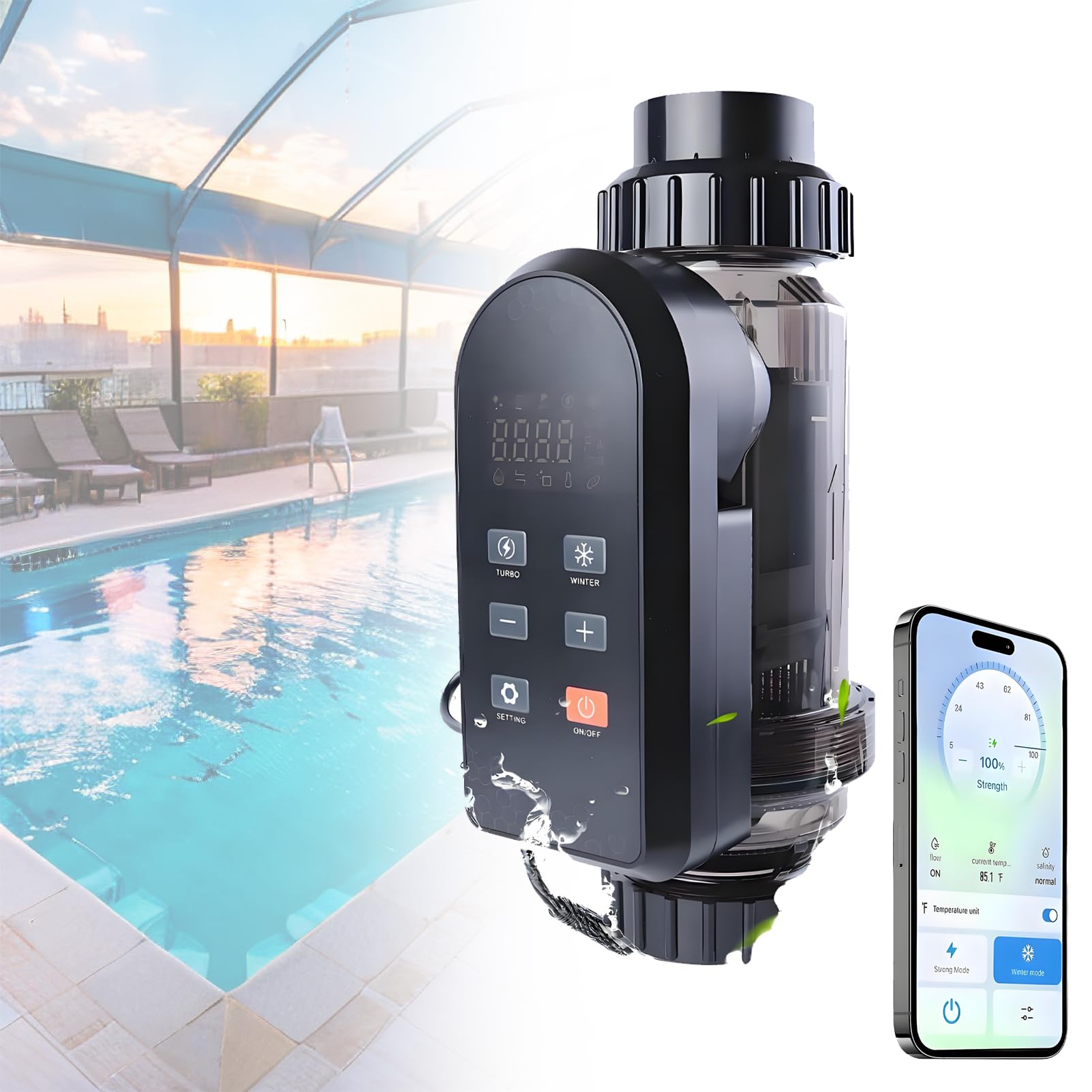 Salz Chlorinator, Selbstreinigungs Poolsalz Salz Chlor DesinfektionsgeräT, mit App Fernbedienung, füR SchwimmbäDer, Whirlpools, Schwimmbecken. LC150A