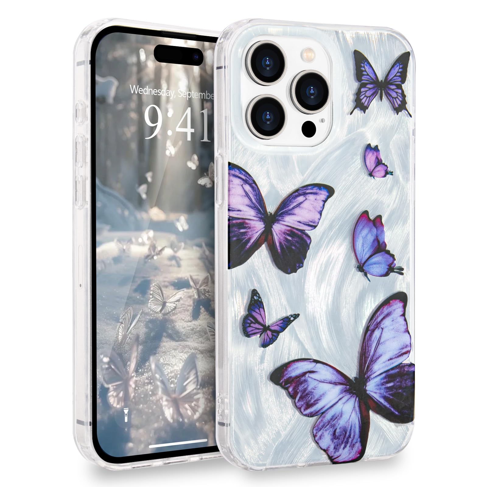 L-FADNUT for iPhone 14 Pro Case for Women Girls Shiny Silver Butterfly Design,Cute Trendy Soft Slim TPU Shockproof Protective Phone Case Cover for