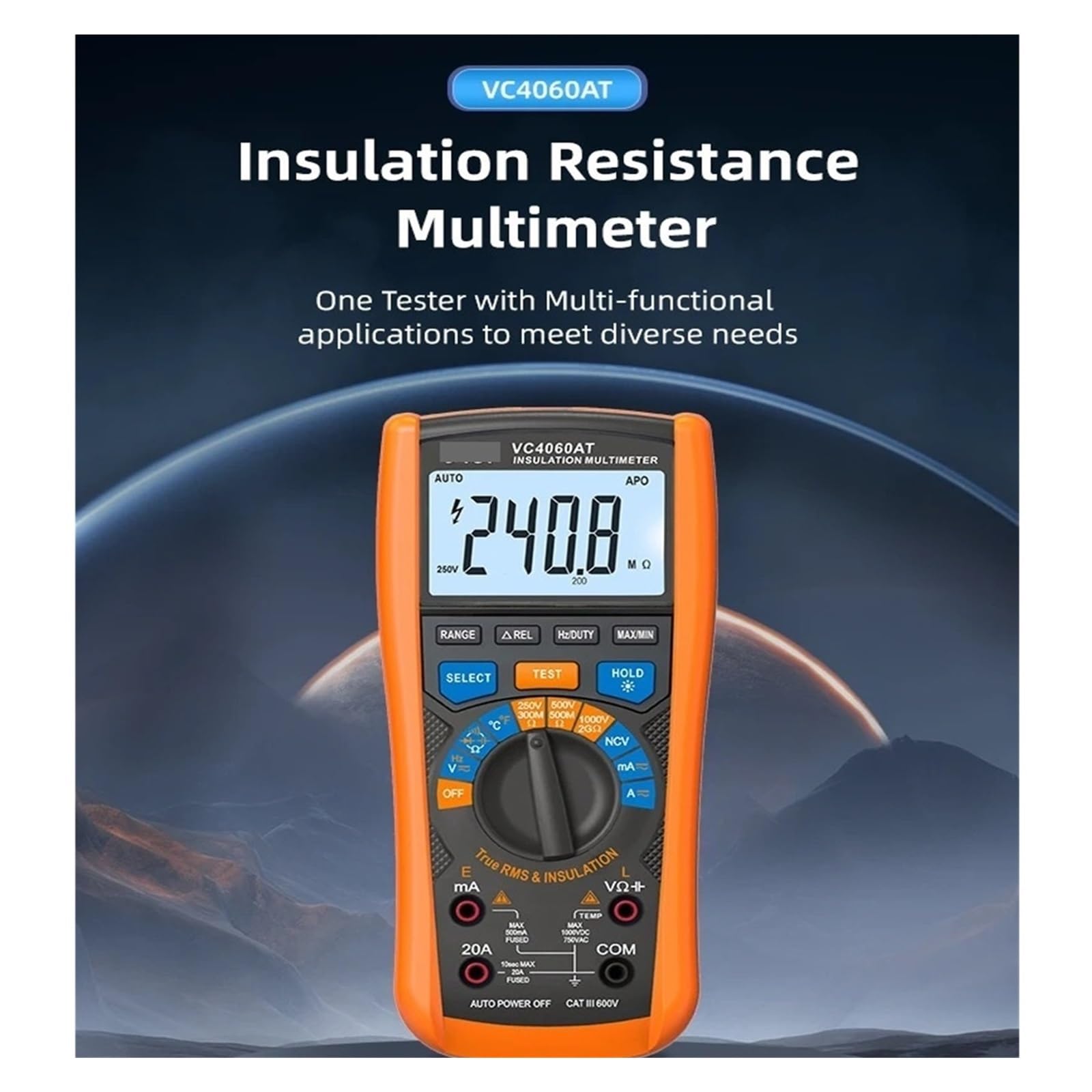 Multimetro digitale, VC4060AT Tester e multimetro di isolamento 2 in 1, .000 V/2 GΩ, 6. conteggi True RMS