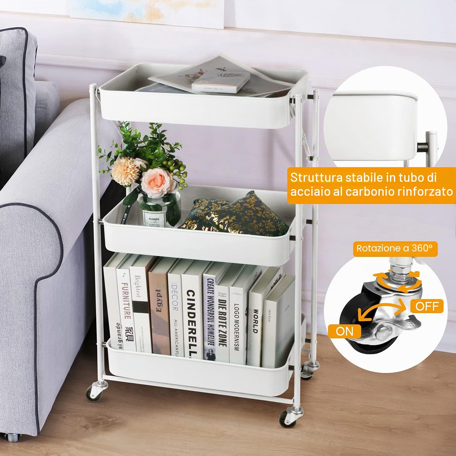 Todeco Carrello pieghevole a 3 livelli, carrello da cucina, senza assemblaggio, 46 x 29 x 78 cm, per cucina, ufficio, bagno, guardaroba, bianco
