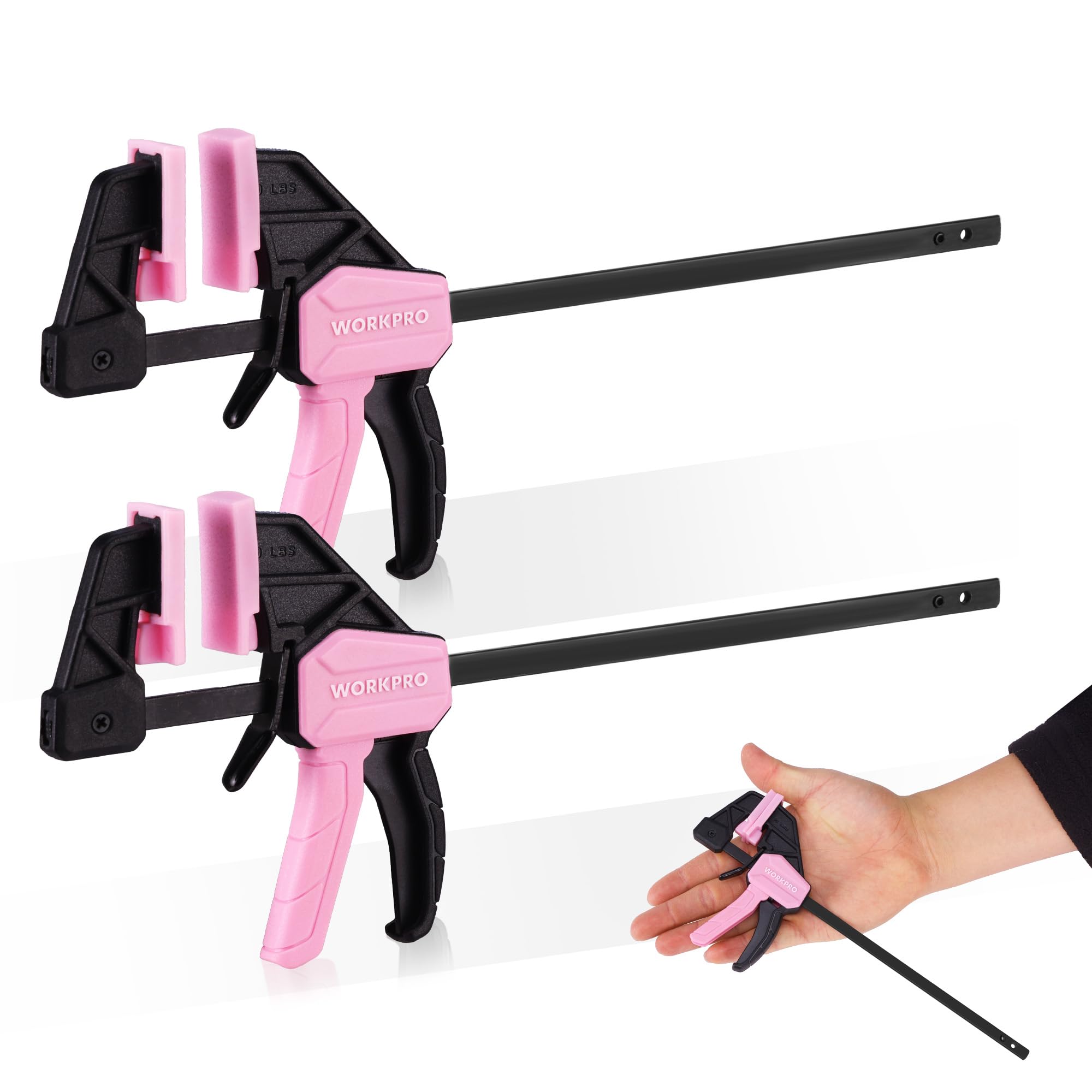 WORKPRO 6" Mini Bar Clamps for Woodworking, 2-Pack One-Handed Clamp/Spreader, Light-Duty Screw-Change F Clamp with 50lbs Load Limit, Pink Ribbon