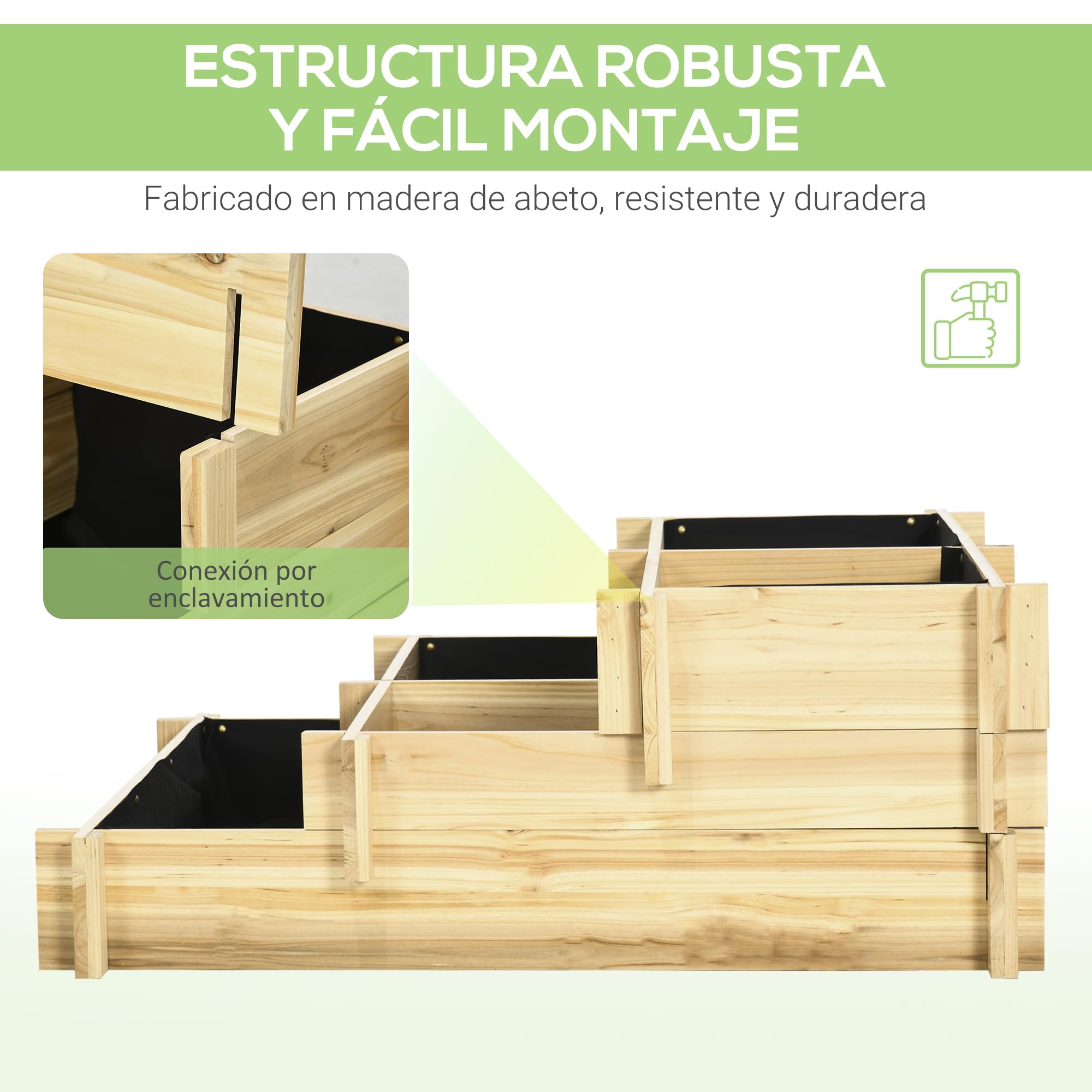 Outsunny Jardinera de Madera Elevada de 3 Niveles Jardinera Exterior Grande con Diseño de Escalera y Tela no Tejida Huerto Urbano para Cultivos Plantas Flores para Patio Terraza 93x93x35 cm Natural
