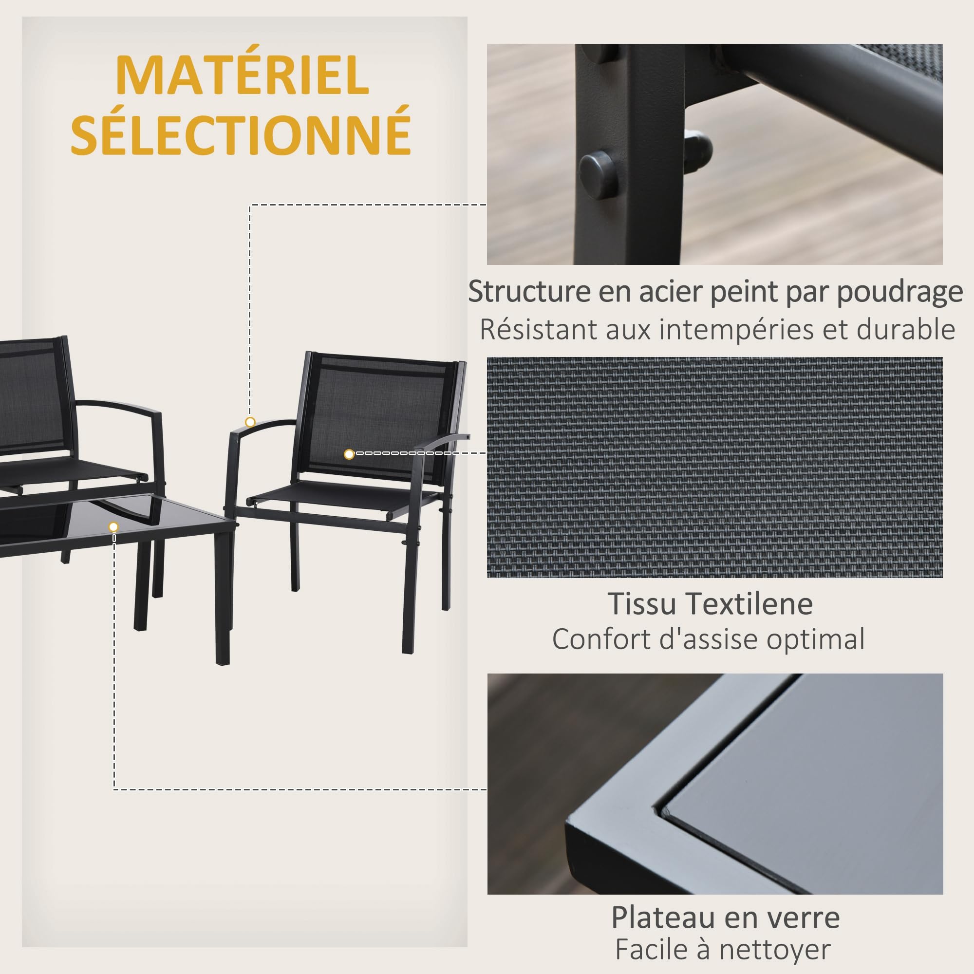 Outsunny Salon de Jardin extérieur 4 pièces avec canapé 2 Places, 2 chaises et Table Basse en Verre trempé, Coussins Inclus, mobilier de Jardin terrasse Veranda, Noir