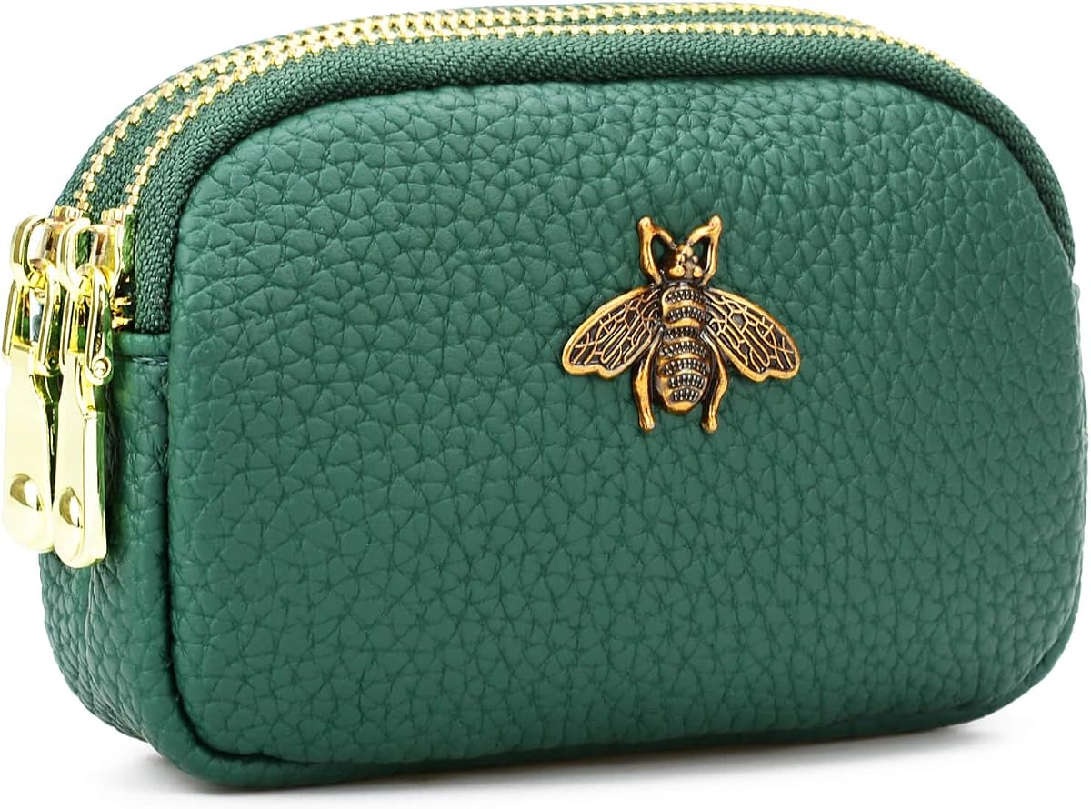 Leather Coin Purse for Women Small 2 Zipper Change Wallet with Key Ring Card Key Coin Cash Holder Pouch(Green)