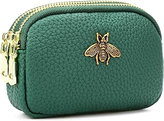 Leather Coin Purse for Women Small 2 Zipper Change Wallet with Key Ring Card Key Coin Cash Holder Pouch(Green)