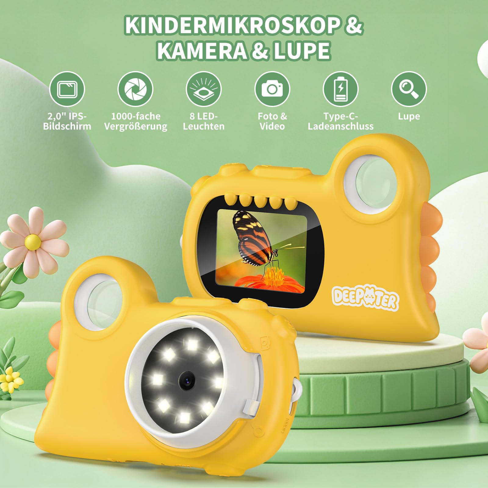 2 in 1 Mikroskop für Kinder 3–12 Jahren, Gelb | 1000X Mikroskop Digital mit 2.0" IPS, Handy USB Mikroskop mit 8 LEDs, Taschenmikroskop für Weihnachten, Geburtstagsgeschenke