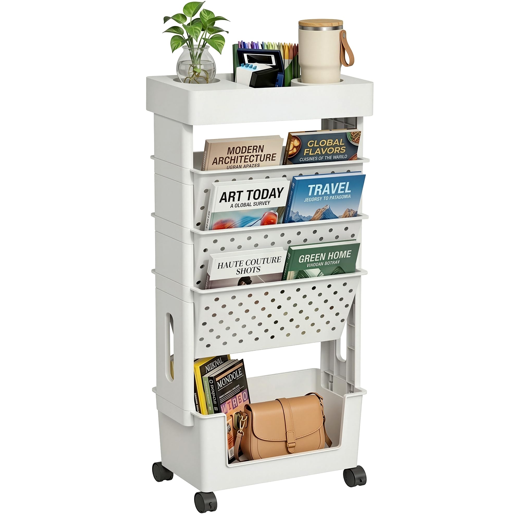 Photo 1 of ***FOR PARTS ONLY/ HAS BROKEN PIECES*** yeavs 5-Tier Mobile Bookshelf, Rolling Bookcase Book Storage Rack, Movable File Folder Organizer Cart with Wheels for Home Study Office Living Room Classroom, White