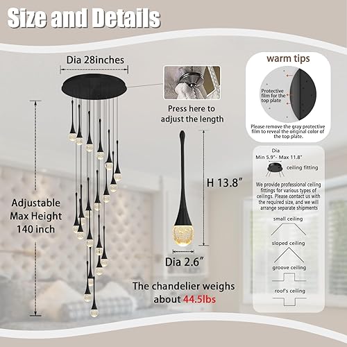 Miniatura 2 de Candelabro moderno de 138 pulgadas, 20 luces, color negro, moderno, lámpara colgante para escalera, lámpara grande para vestíbulo, sala de estar,