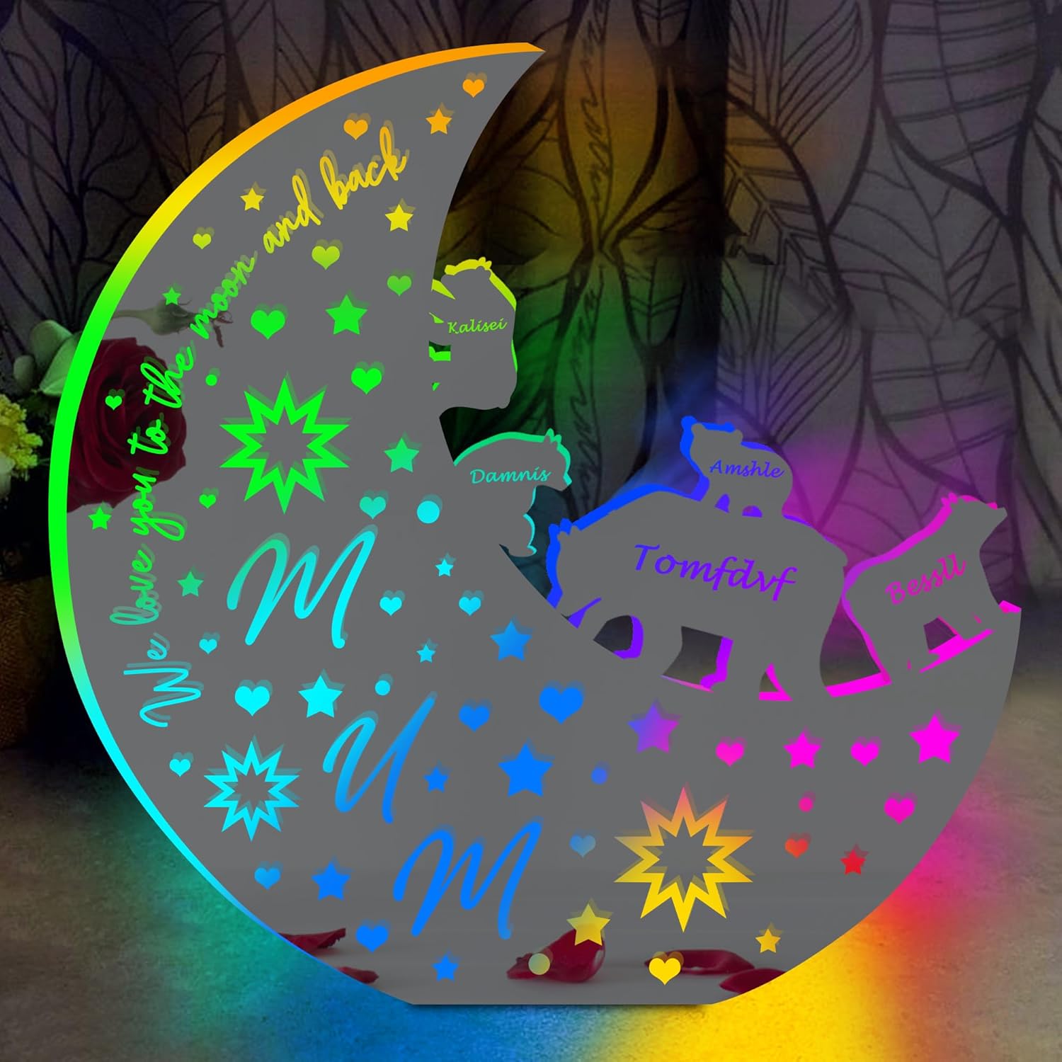 Qygtritvo Personalized Moon Shaped LED Lamp with Bears Custom 1-10 Names We Love You to The Moon and Back Acrylic Mirror Colored Night Light Mother's Day Gifts for Mom from Daughter and Son(Style 4)