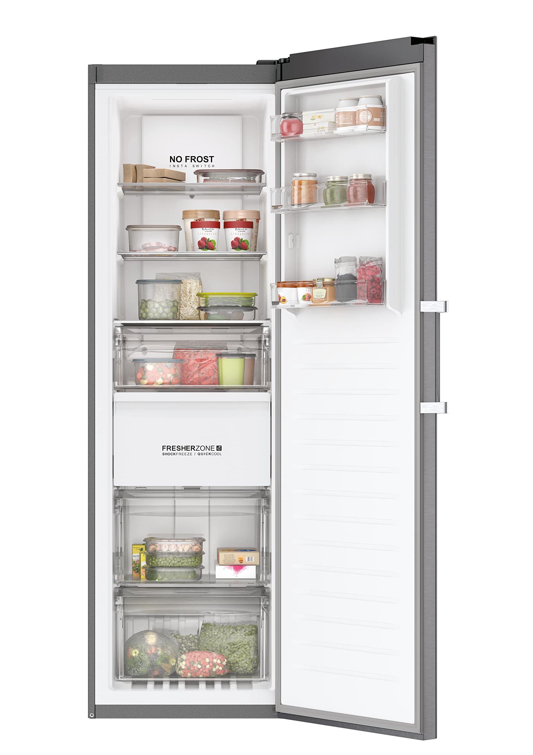 Haier Gefrierschrank H3F330SEH1 | InstaSwitch, Smart hOn App, Nutzvolumen 330 L, Inverter-Kompressor, Fresher Zone, No Frost, Digitales Türdisplay, Silber