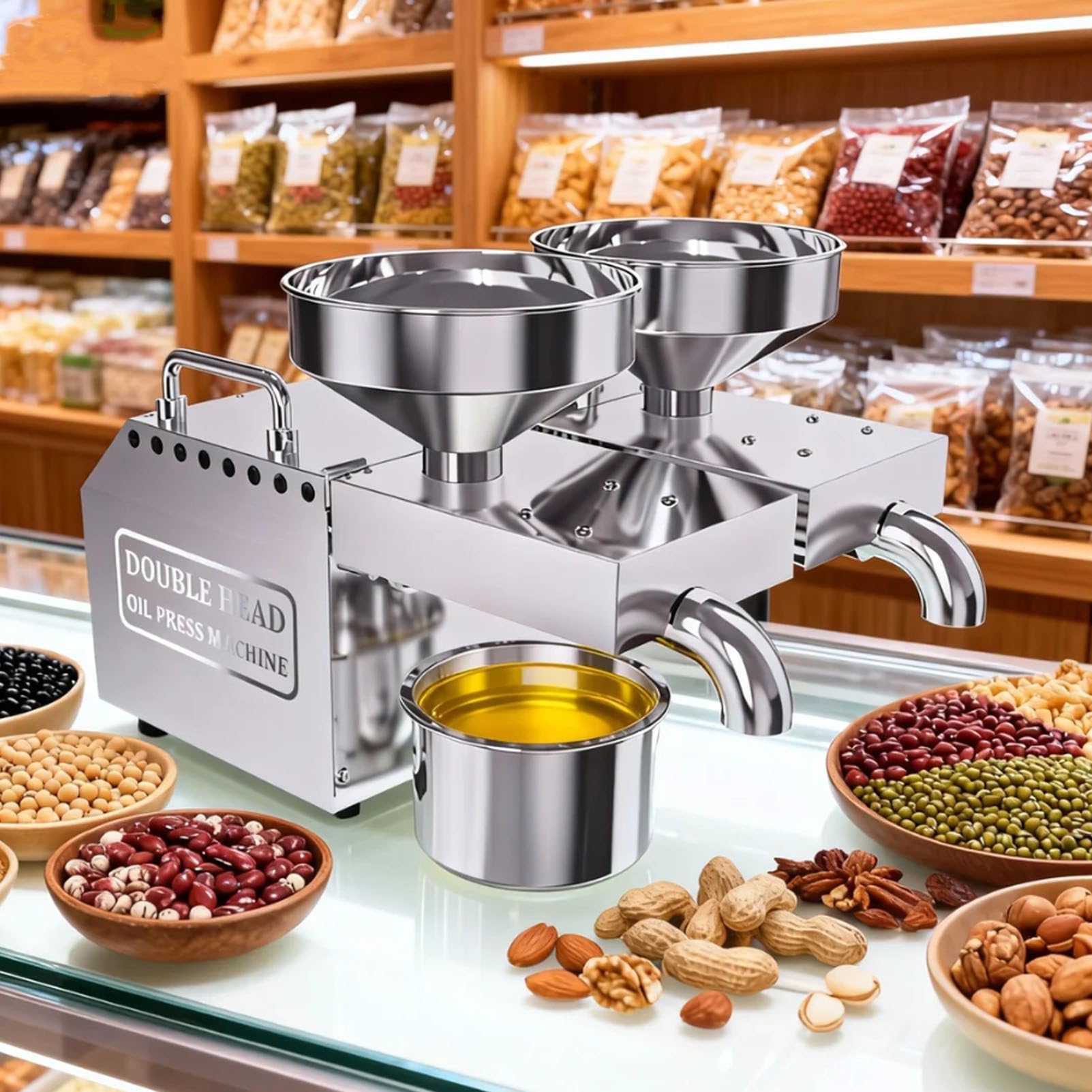 Pfps Automatic Double Head Oil Press Machine, Hot and Cold Press with Dual Oil Outlets, Home & Commercial Extractor for Peanut, Sesame, Sunflower Seeds