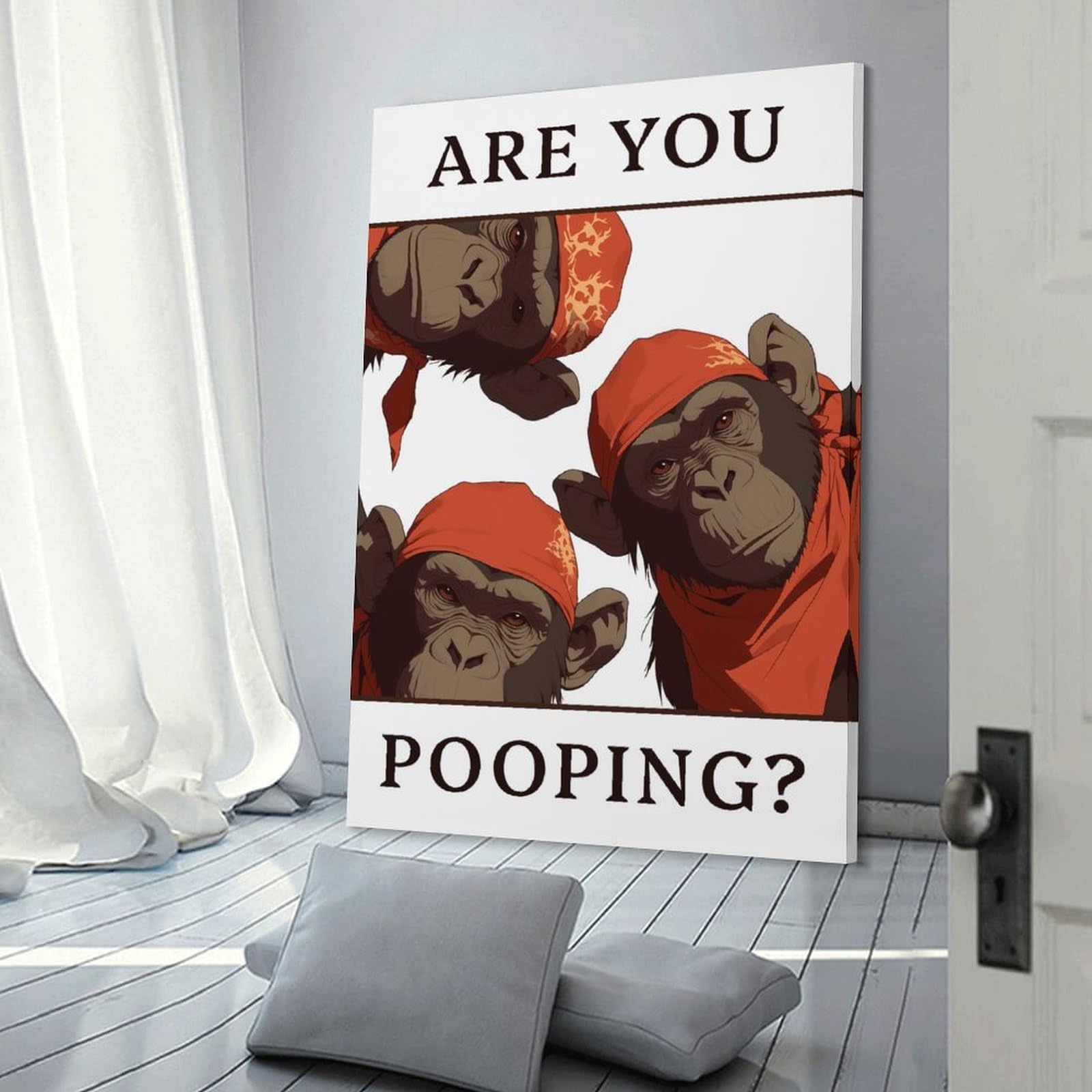 Junmoney Frame-Style-14 The Chimps Serious Bathroom Query Wall Art Print 24X36inch(60X90cm), For Picture Wall Styling In Lounge Or Bedroom, A Versatile Canvas Print For Layering