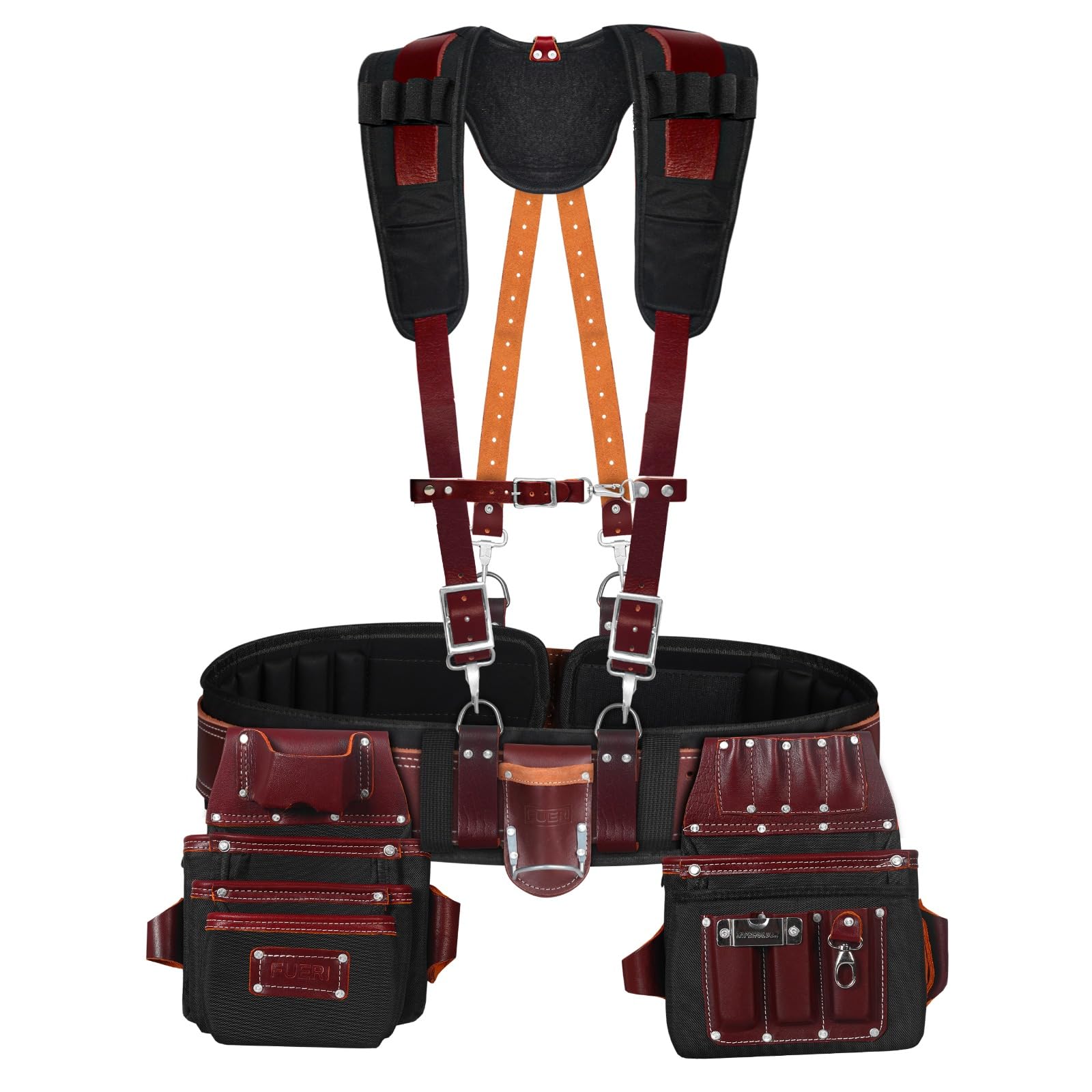 FUERI Electrician's Heavy Duty 26 Pocket Leather-Nylon Tool Belt & Suspender Combo, Comfort Back Support Padded Belt, 2 Large Storage Capacity Pouches