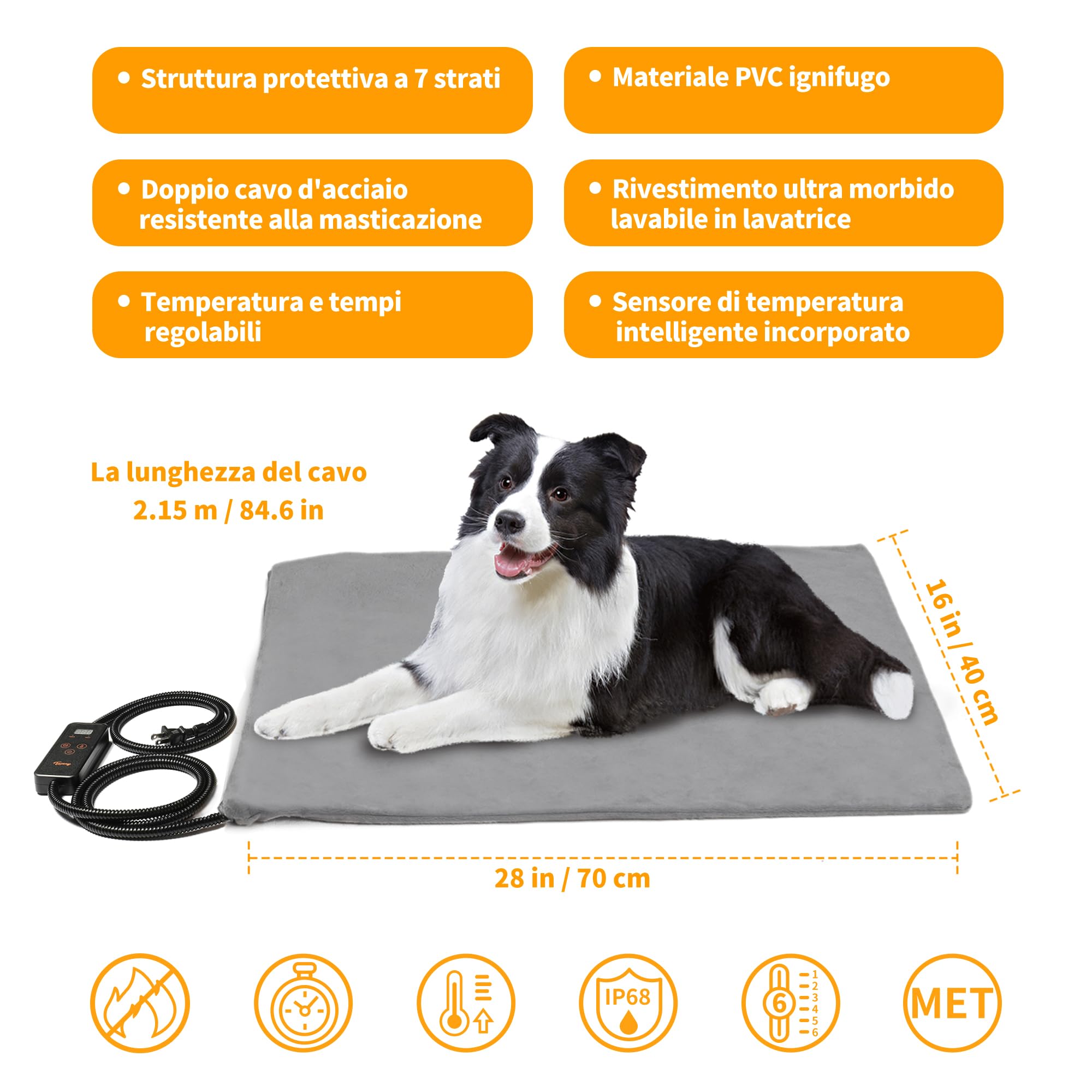 Toozey Tappetino riscaldante interno per gatti e cani, 70 x 40 cm, tempi e temperatura regolabili, sicuro, elettrico, per animali domestici, coperta termica morbida per neonati/piccoli/anziani, gatti