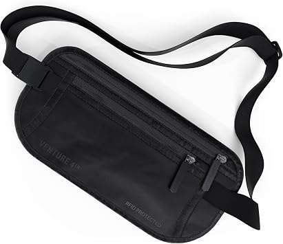 VENTURE 4TH Money Belt for Travel Slim Hidden Under-Clothes RFID Blocking Anti-Theft Passport Holder & Travel Wallet Pouch for Men & Women to Protect Cash, Cards & Documents Sleek Black