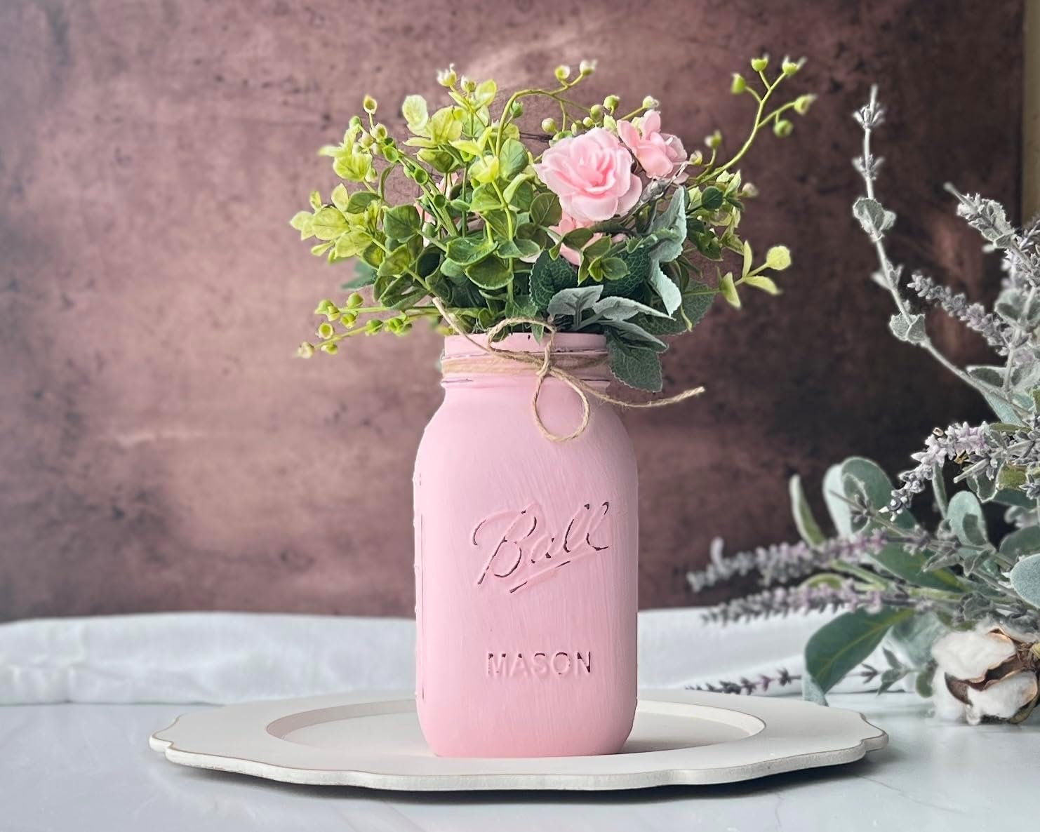 Pink Centerpieces for Tables Baby Shower Decor - Pink Mason Jar with Flowers – 32 oz Quart Vase – Minimalist Bridal Shower Centerpiece - Pink Baby Shower Decor (Pink Jar w/Greenery/Pink)