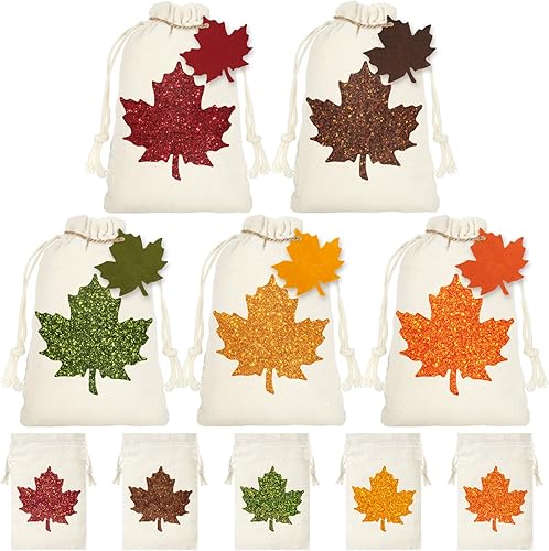 Whaline 20 bolsas de arpillera de arce de otoño de 4 x 6 pulgadas, bolsas de regalo de hojas de arce con purpurina colorida con etiqueta en forma de