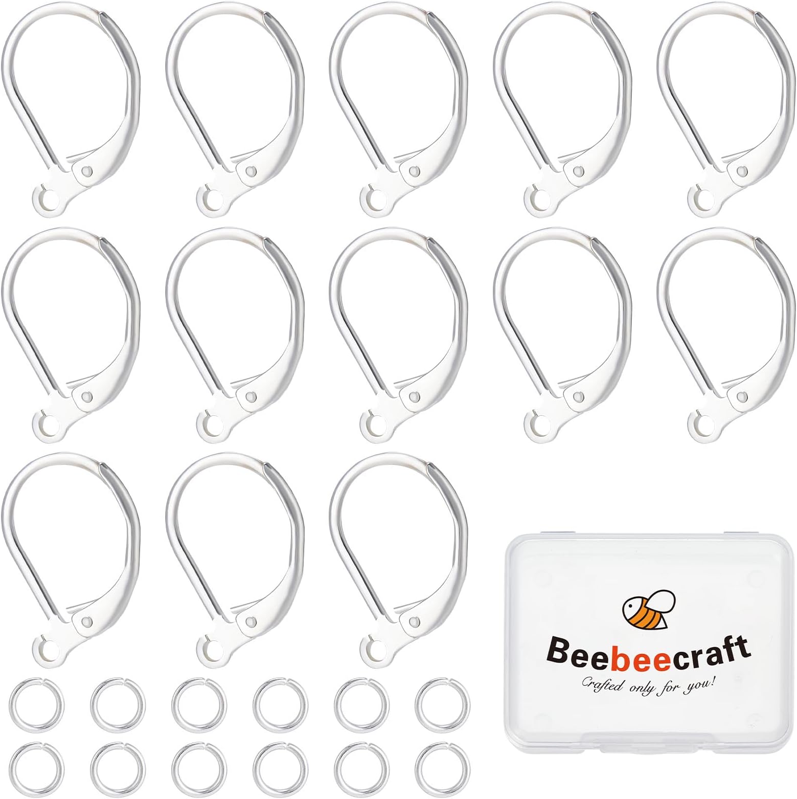 Beebeecraft 1 Box 20Pcs Leverback Earring Hooks 16x10mm 925 Sterling Silver Plated French Earring Findings Interchangeable Dangle Ear Wire with 20Pcs 4mm Open Jump Rings for Jewelry Making