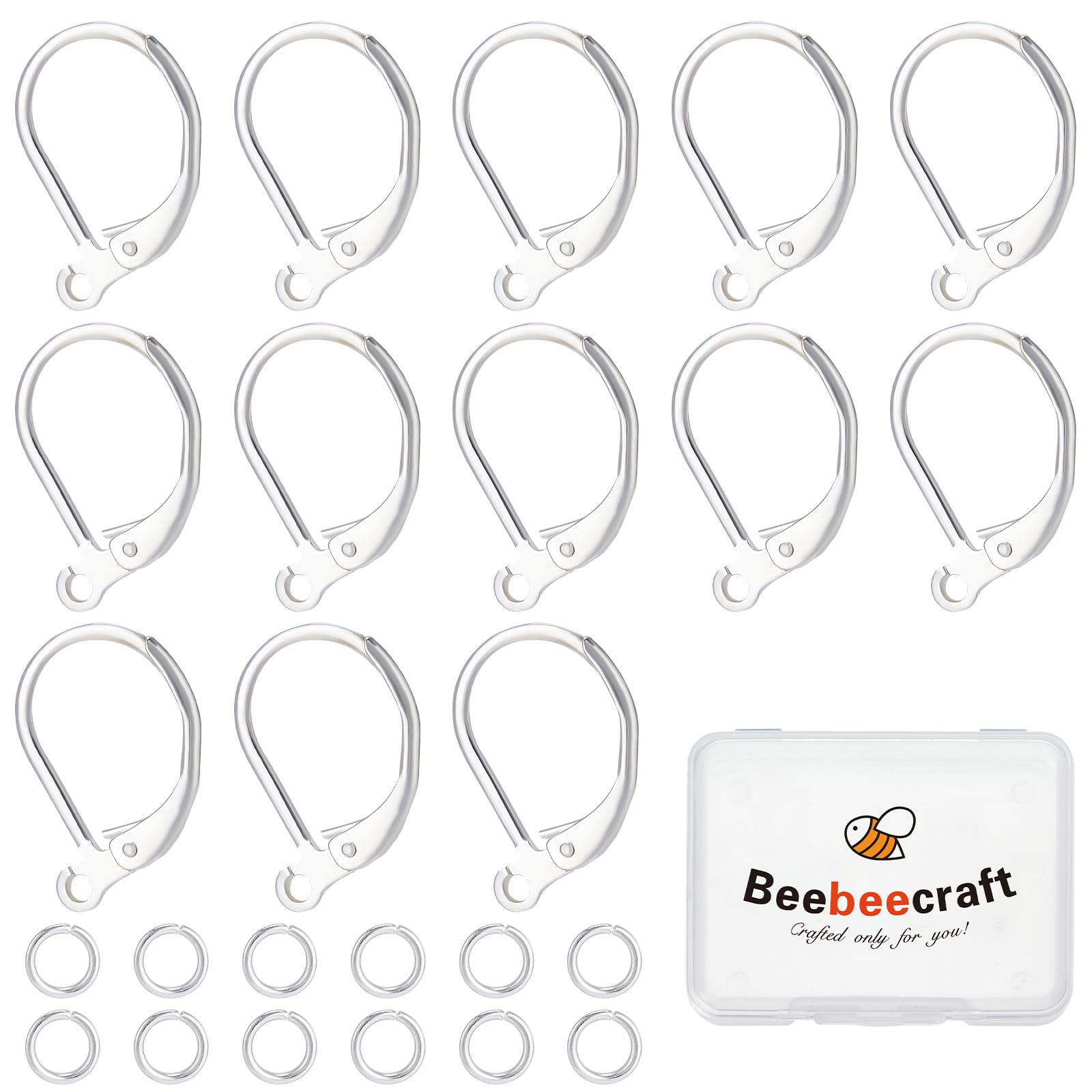 Beebeecraft 1 Box 20Pcs Leverback Earring Hooks 16x10mm 925 Sterling Silver Plated French Earring Findings Interchangeable Dangle Ear Wire with 20Pcs 4mm Open Jump Rings for Jewelry Making