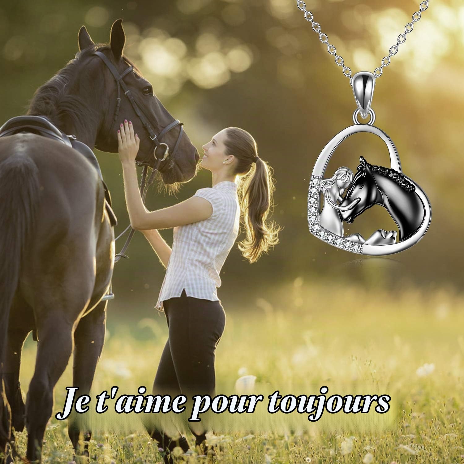 YFN Collier Fille et Cheval pour les Filles Bijoux de Cheval en Argent Sterling Cadeaux de Cheval pour les Femmes (Collier de Cheval en or)