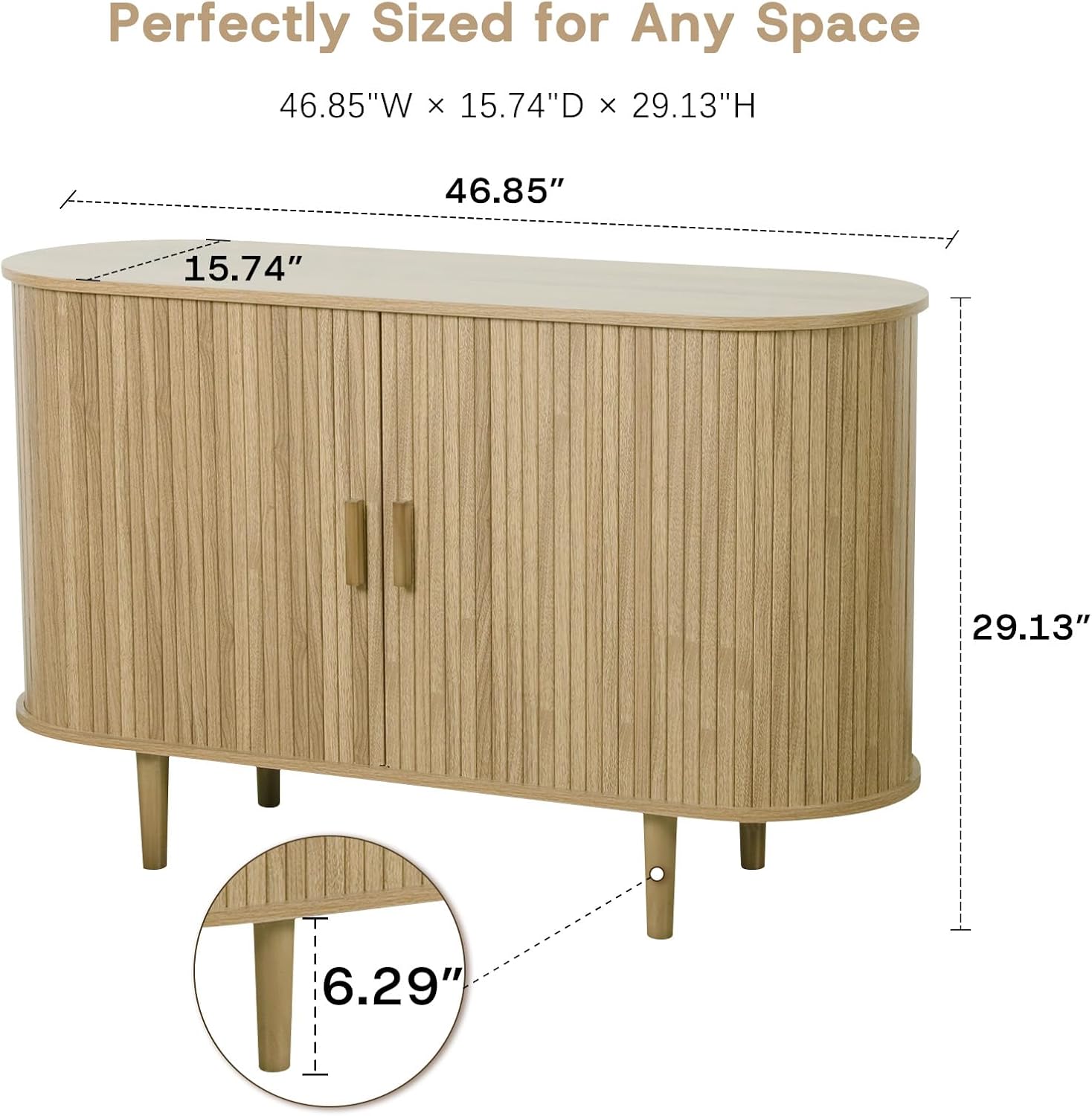 Fluted Sideboard Buffet Cabinet with Storage, 47" Mid-Century Modern Console Table with Sliding Doors, Wood Credenza for Dining Room, Coffee Bar Station, Light Oak