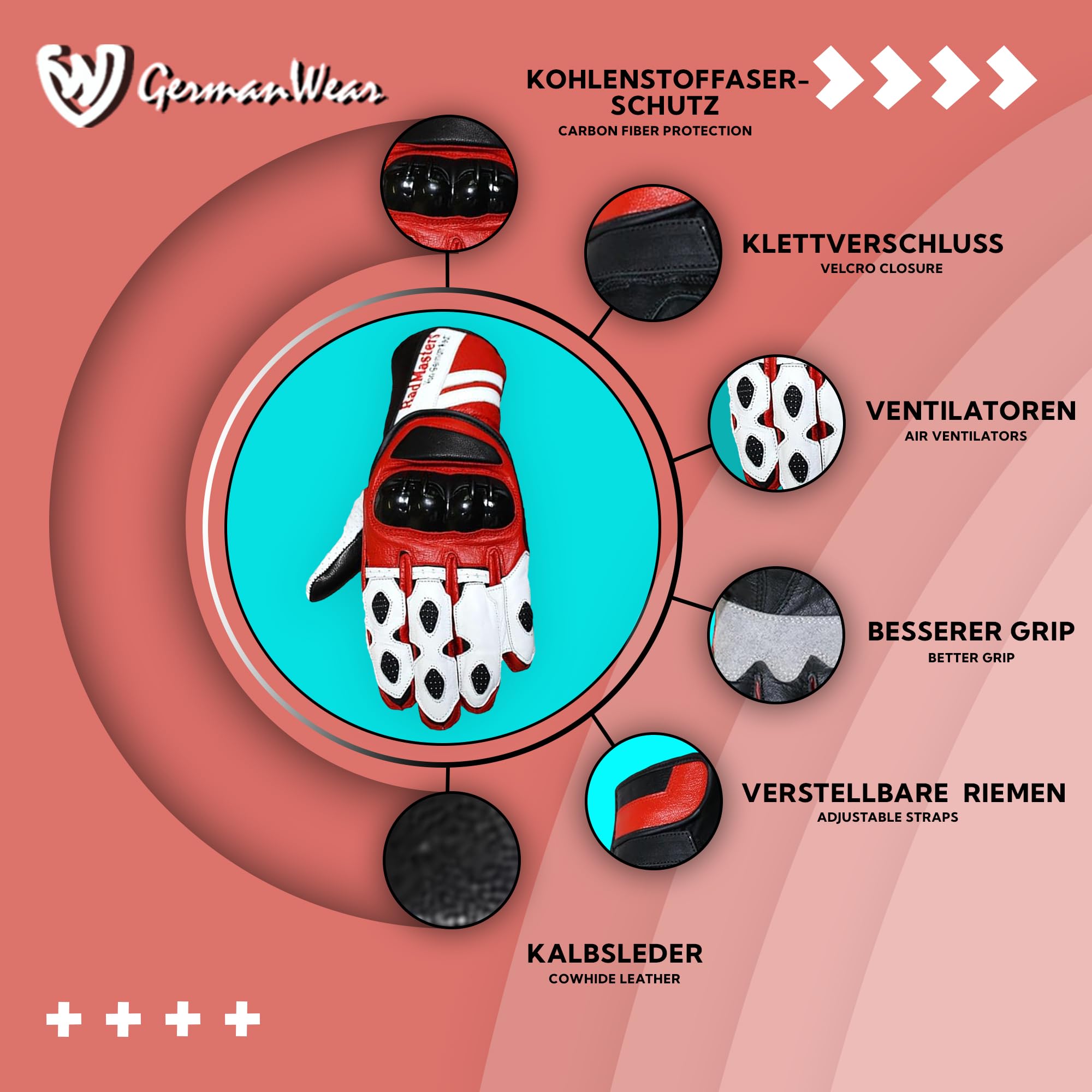 German Wear Motorradhandschuhe aus Kalbsleder, Biker Handschuhe mit Knöchelprotektor, Wildleder-Handfläche & verstellbarem Klettverschluss für Motorrad, Motocross & Outdoor