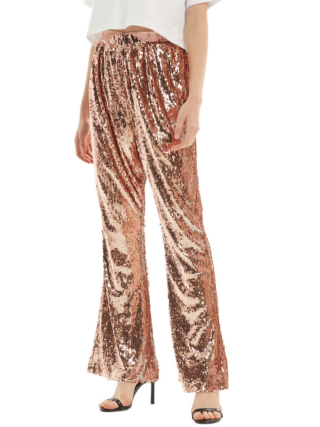 Anna-Kaci Womens Elastic Waist Sparkly Sequin 70s Disco Wide Leg Flare Palazzo Pants