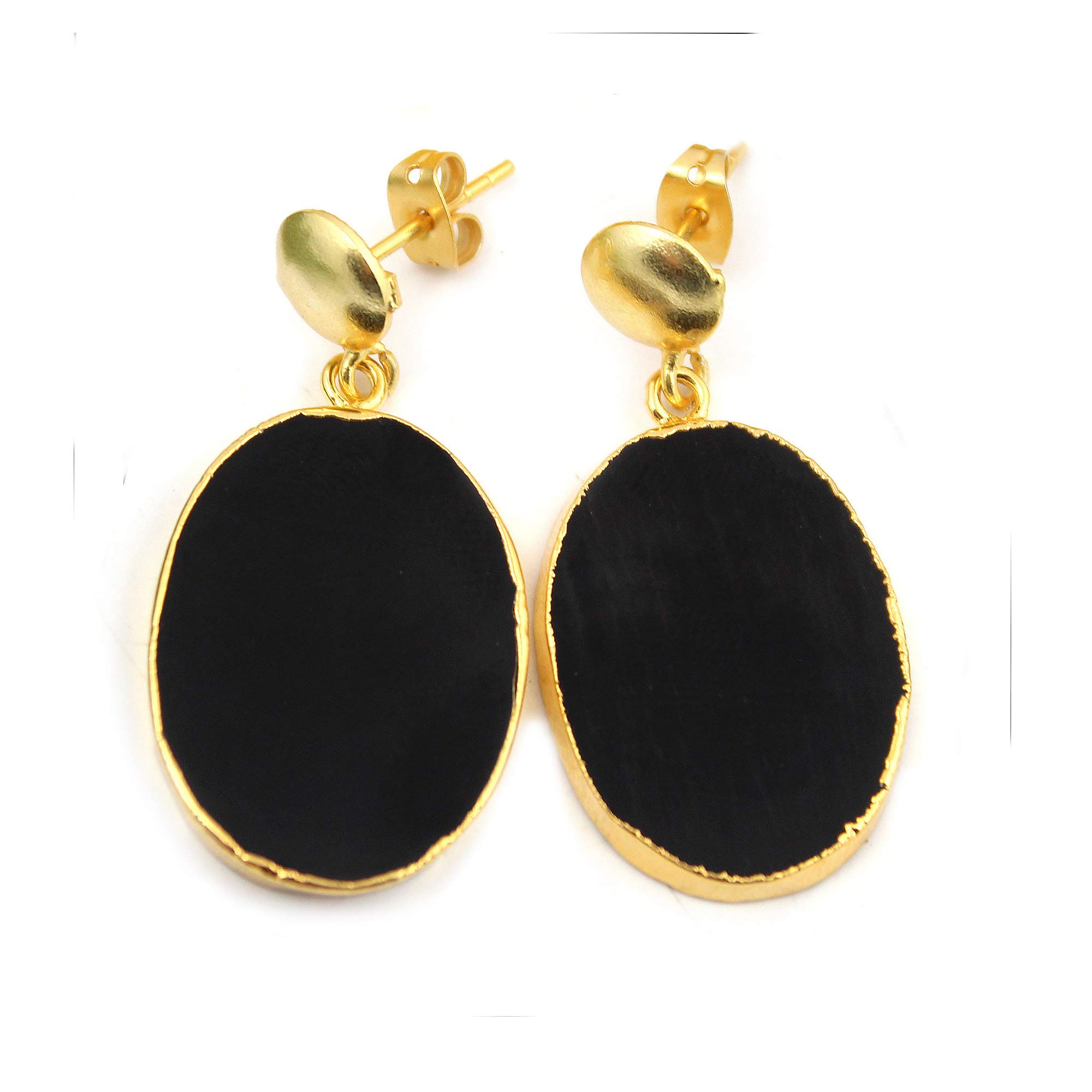 G-Vogue Gorgeous Beautiful Natural Black Agate Slice 24K Gold Plated Bezel Oval Shape Earring Gift For Woman