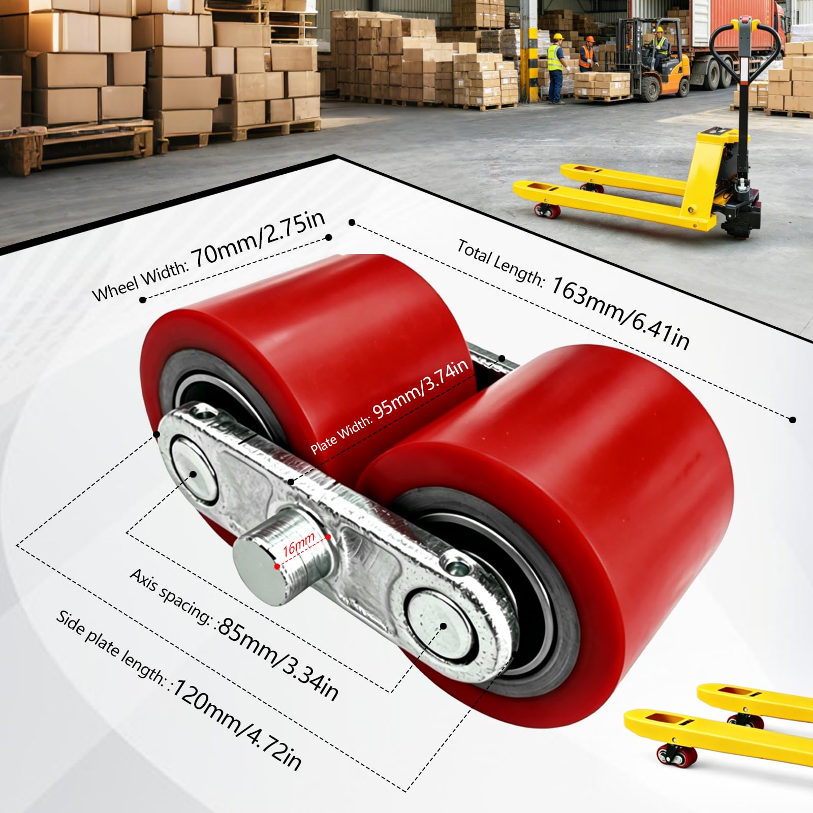 4 pezzi Ruote Transpallet in Poliuretano 80 x 70 mm, Asse da 2 mm con Cuscinetti a Sfera e Piastra di Montaggio in Metallo Portata 750 kg Ruote di Ricambio per Transpallet