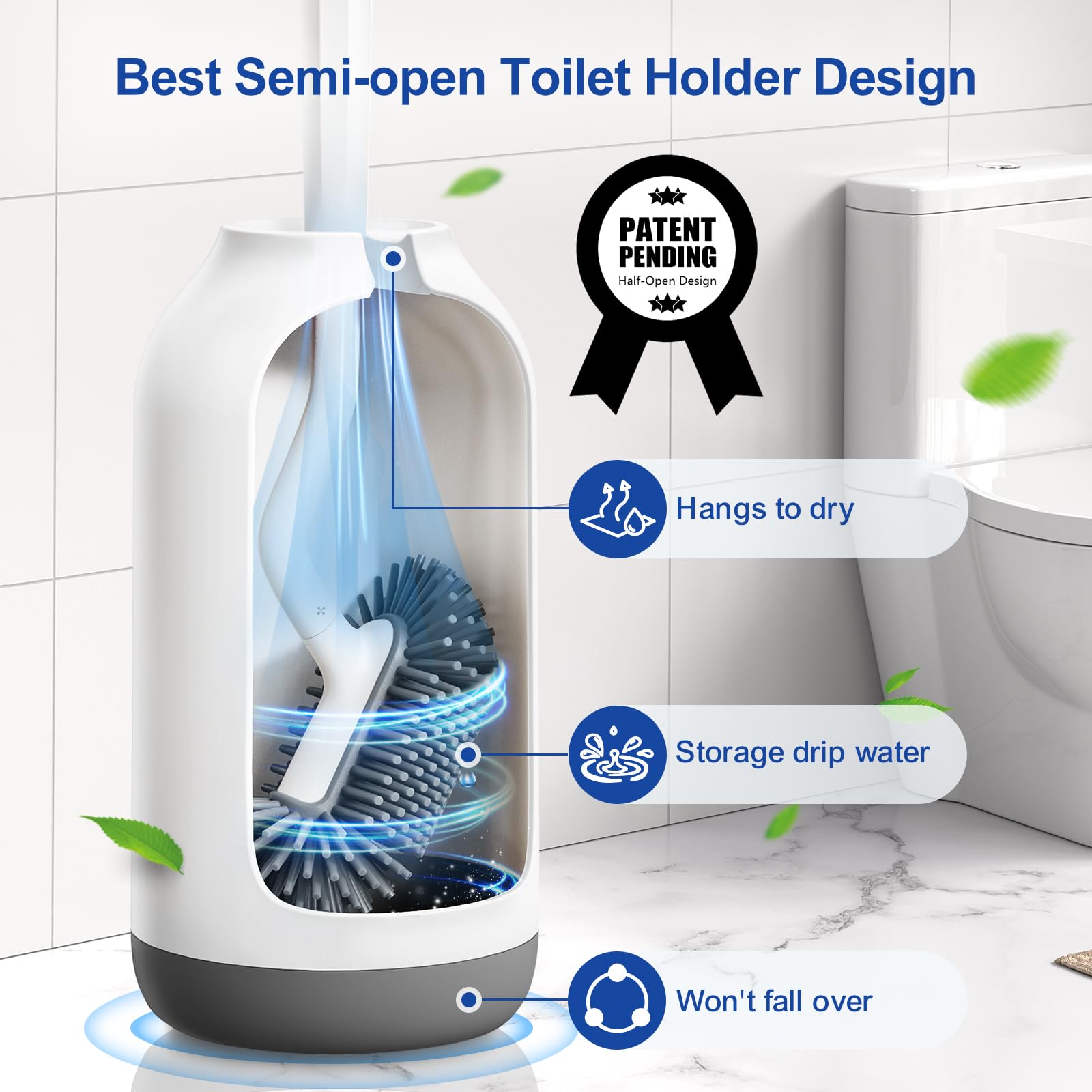 HAMITOR Toilet Brush Set With Holder - Deep Cleaning S-Shape Design For Hard-to-Reach Areas