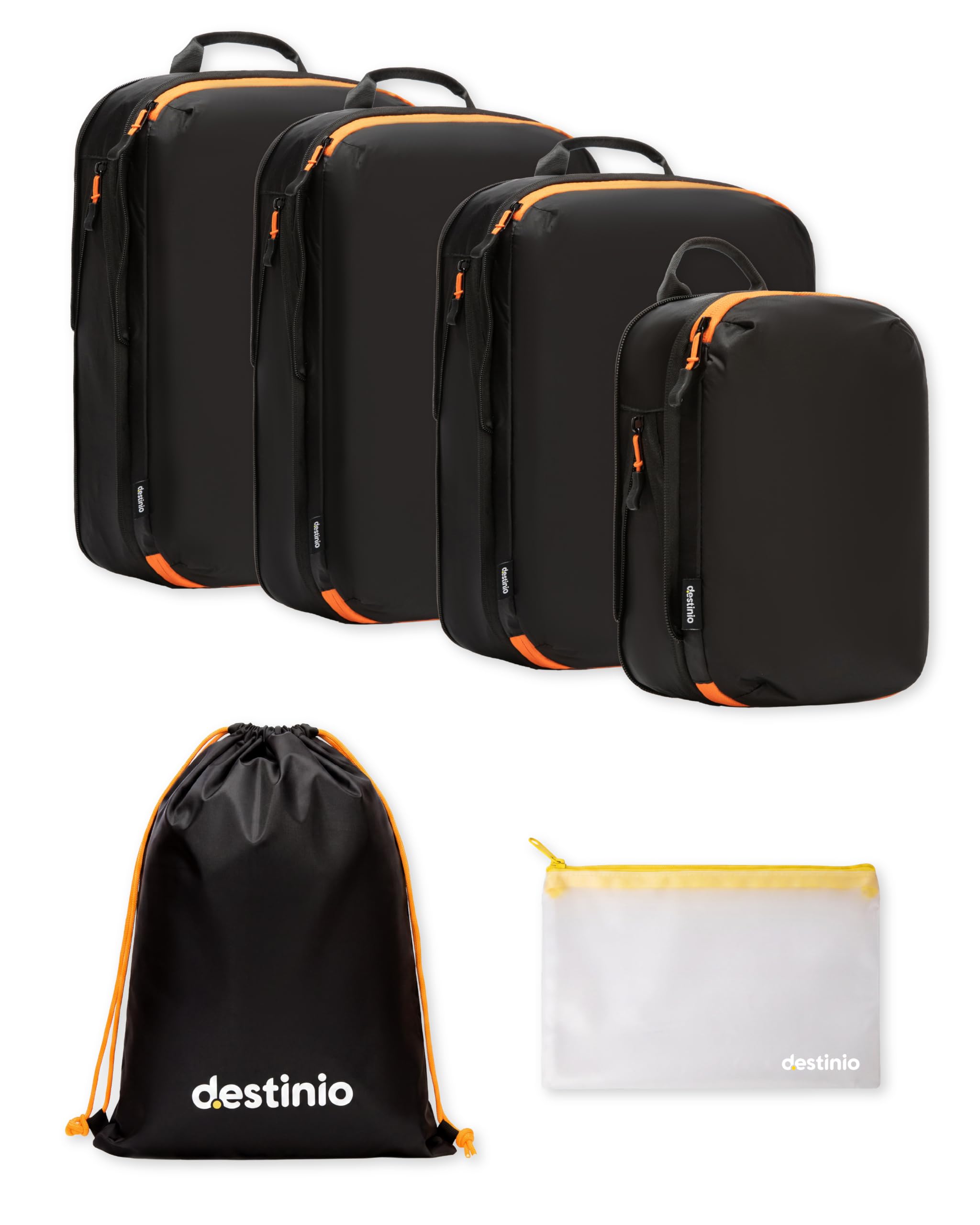 Destinio Compression Packing Cubes for Travel, 6 in 1 Water Resistant Travel Organizer Pouch Set (4 Cubes+ Drawstring Bag+ Cosmetic Pouch), Luggage Suitcase Wardrobe Bags for Clothes Shoes (Black)-image-23