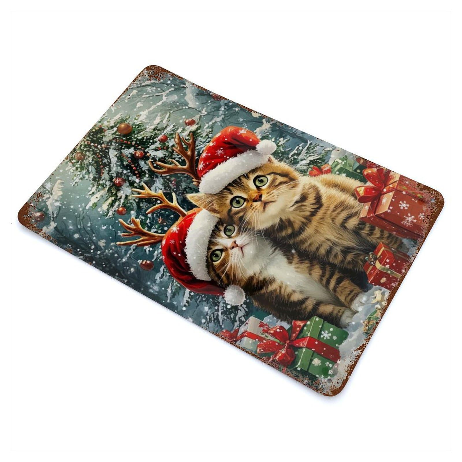 Christmas Kittens Rustic Tin Plaque 11.8"x7.9", for Shed, Workshop And Garage Wall Decor, Farmhouse Wall Decor
