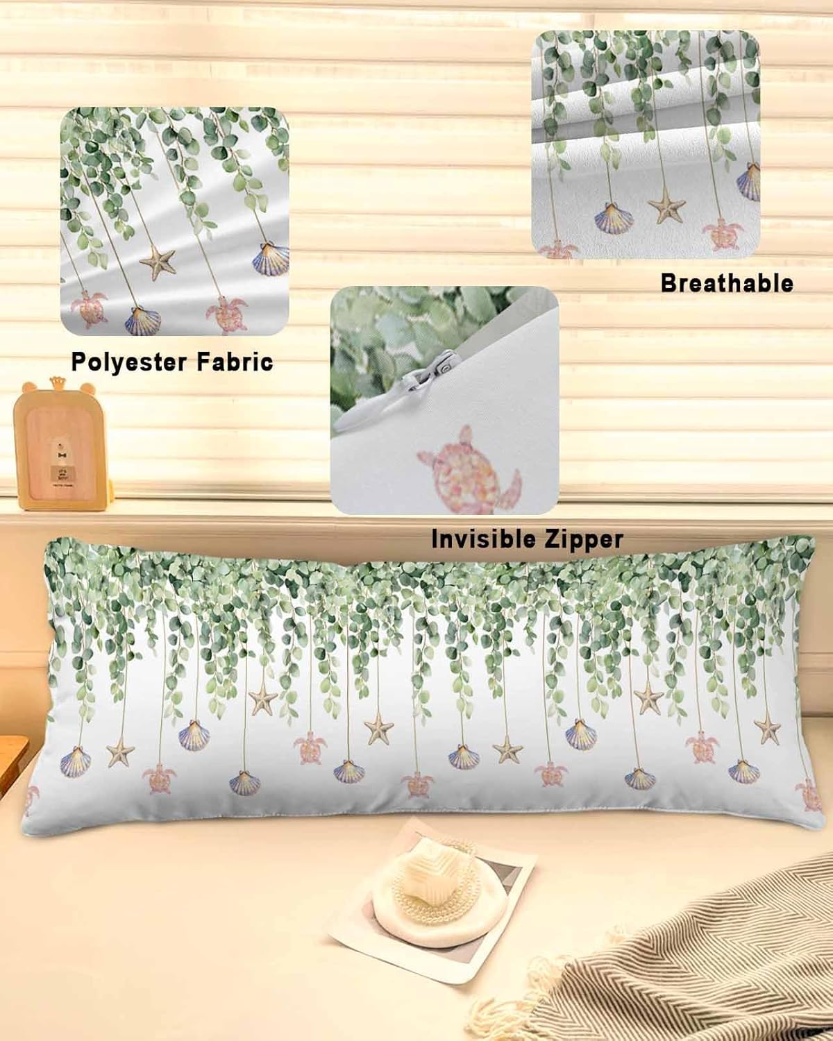 Eucalyptus Leaves Satin Pillowcase Body Pillow Cover 20 x 60 Inch Shell Starfish Turtle Lumbar Pillow Cases Spring Summer Green Leaves Rectangular Decorative Pillow Shams for Bed Sofa Guest Room