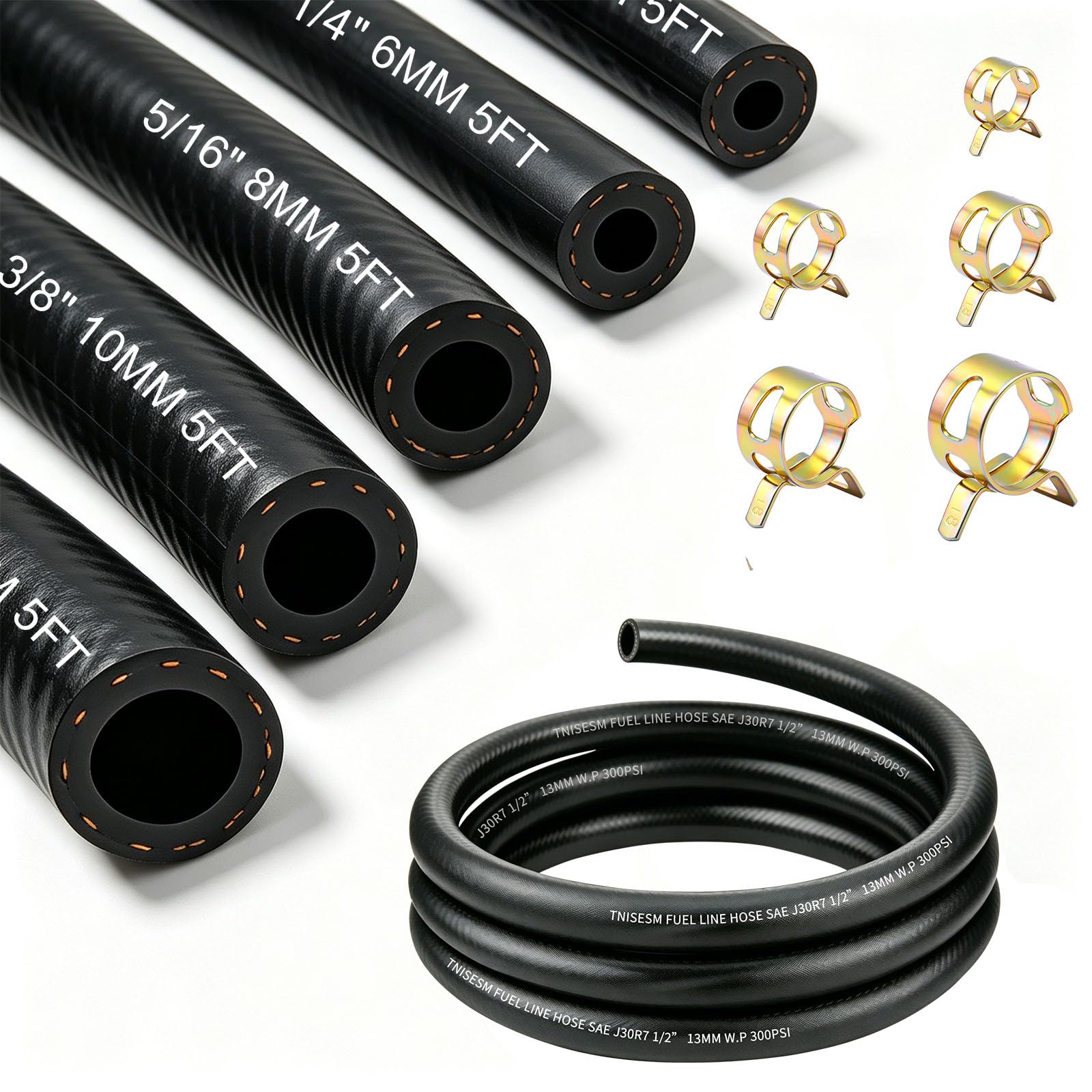 smseace 45Pcs 5Ft 5-Size Fuel Line Hose Kit - 3/8 Inch 1/2 Inch 5/16 Inch 1/4 Inch 3/16 Inch ID NBR Rubber Fuel Hose with Hose Clamps for Small Engines Automotive Replacement Fuel Hoses