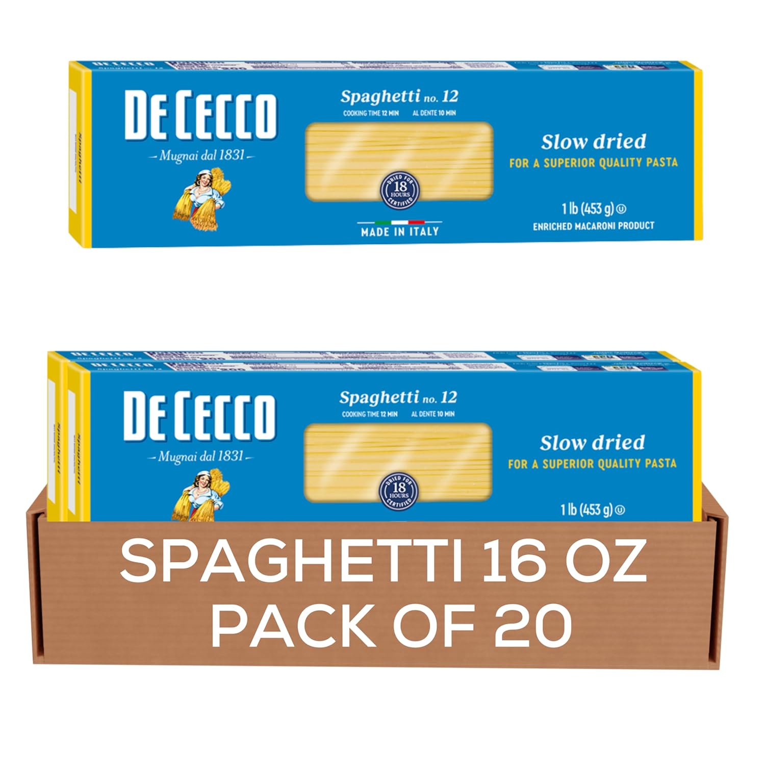 De Cecco Spaghetti No. 12 Pasta, 16 Oz (Pack of 20), Authentic, Slow Dried, Made with Durum Wheat, Versatile Pasta for Sauces & Recipes, Made in Italy