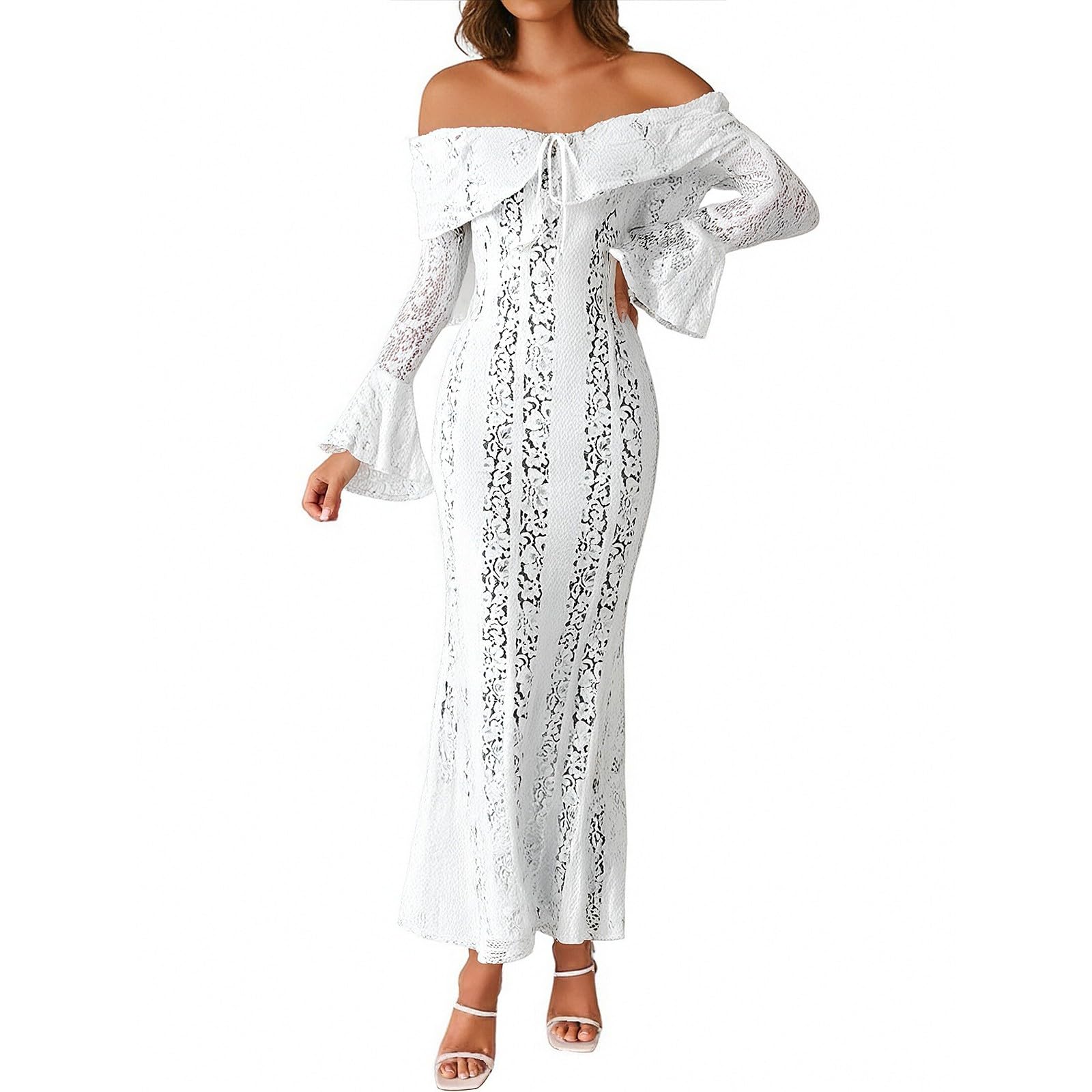 FUPODD Abendkleid Damen Lang Schulterfrei Spitzenkleid Weiß Cocktailkleid Trompetenärmel Abendkleider Elegant Kleid Mit Spitze Hochzeitsgast Partykleid Weisses Ballkleid Meerjungfrau Kleider Frauen