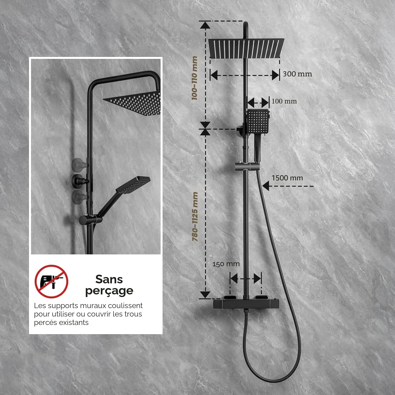 Auralum Colonne de Douche Thermostatique Noir Mat, Ensemble de Douche complet avec Ciel de Pluie 30cm et Douchette 6 Jets, Mitigeur de Salle de Bain Anti-Calcaire, Barre Réglable 88-124cm