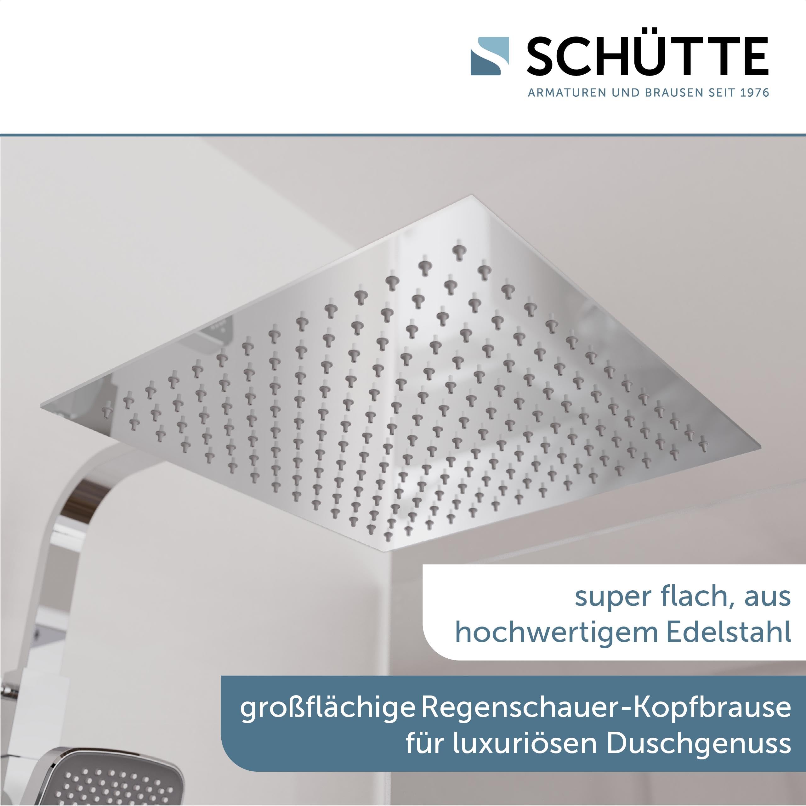 Schütte OCEAN Duschsystem mit Thermostat und Glasablage-Duschset mit 30x30cm, Regendusche mit Wandhalterung und Duschkopf-Duschpaneel Duschsäule in Chrom/Anthrazit 60531