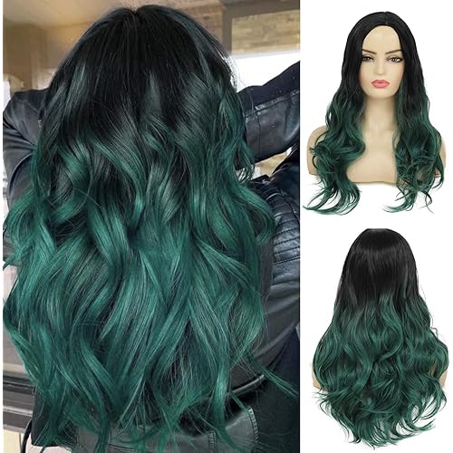 Sallcks Ombre Black Green Wig Long Curly Wavy Wig for Women Side Part Colored Synthetic Heat Resistant Wig for Daily Party Costume Halloween