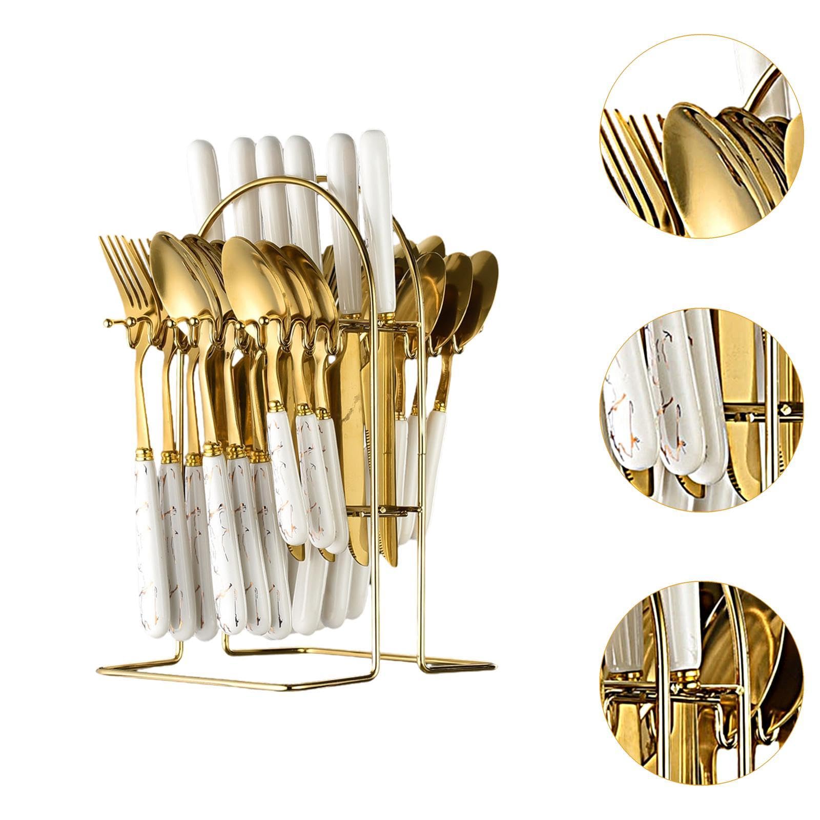 25 Piezas Vajilla de Cubiertos Acero Inoxidable Cerámica Ergonómica Pulido Soporte Colgante para Cenas Fiestas Y Hogar, Oro Blanco, Individual