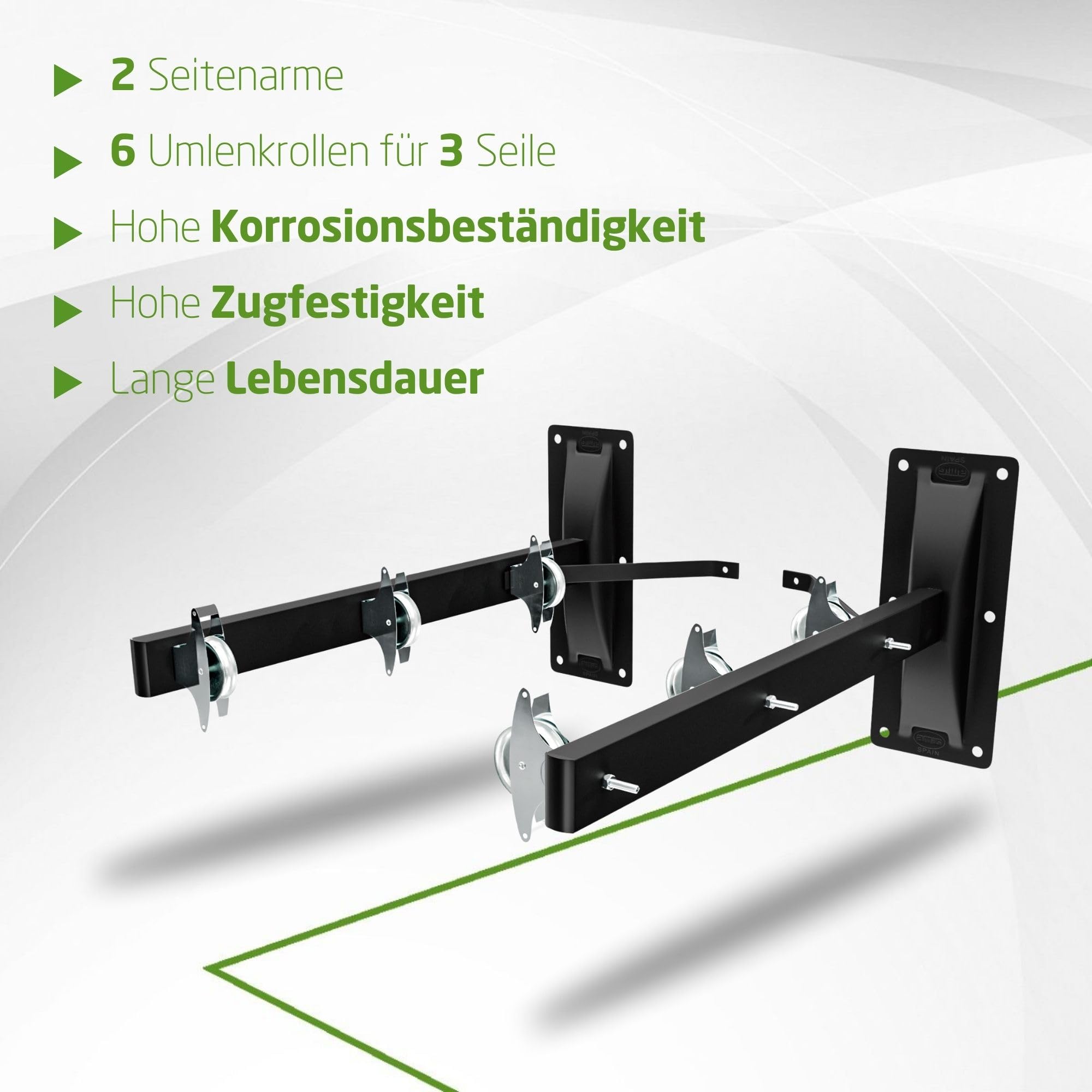 Amig - Seitlicher Wandwäschetrockner Mod. 3 - Wäschespinne mit 2 Armen und 6 Edelstahlrollen - Für 3 Leinen - Epoxidbeschichtung - Für den Außenbereich - 450 mm - Befestigungszubehör - Farbe Schwarz