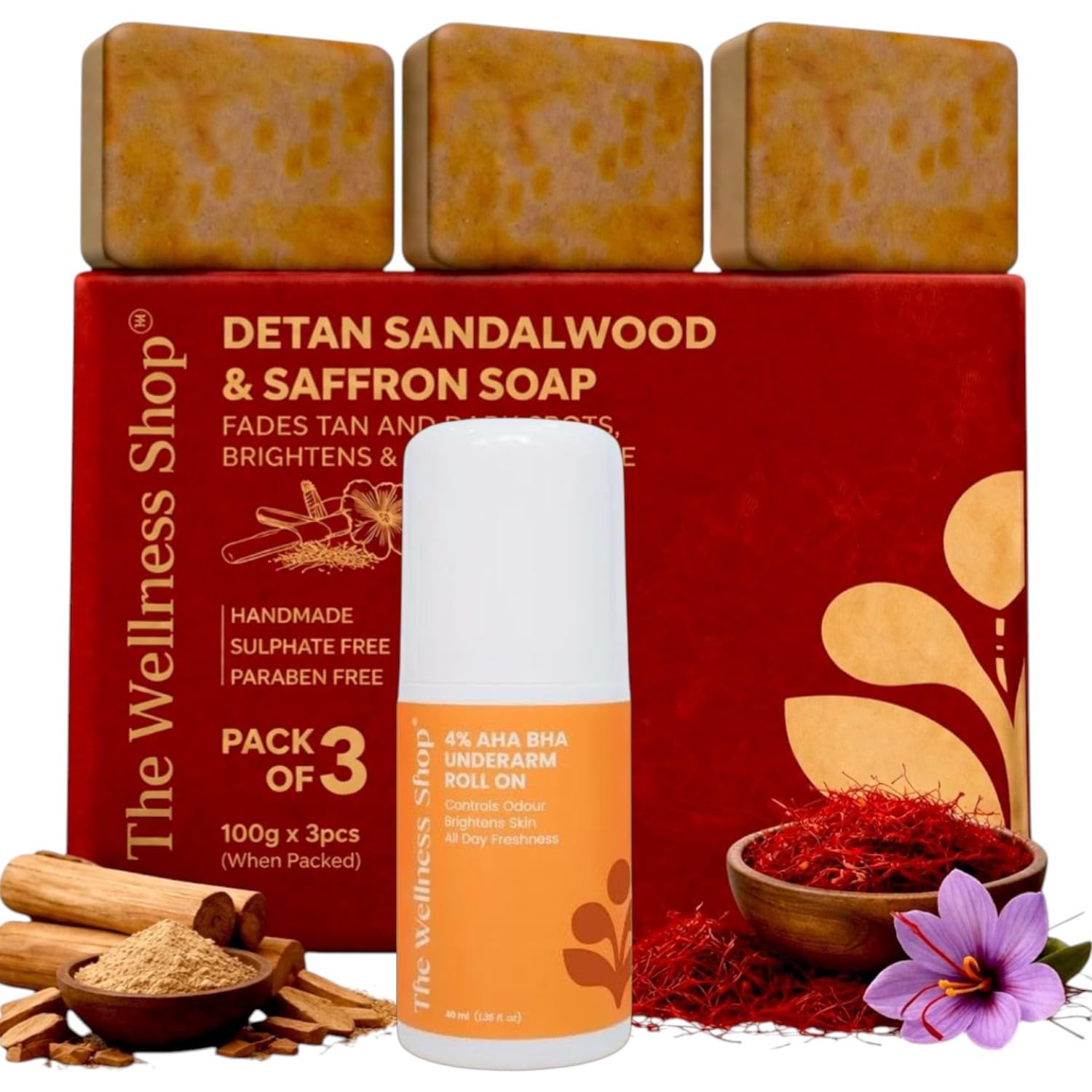 The Wellness Shop Combo Set Detan Sandalwood & Saffron Soap Pack of 3 (100g Each) with Exfoliating Glove & 4% AHA BHA Underarm Roll On (40ml) | Tan Removal, Brightening & Odour Control Kit-image-49