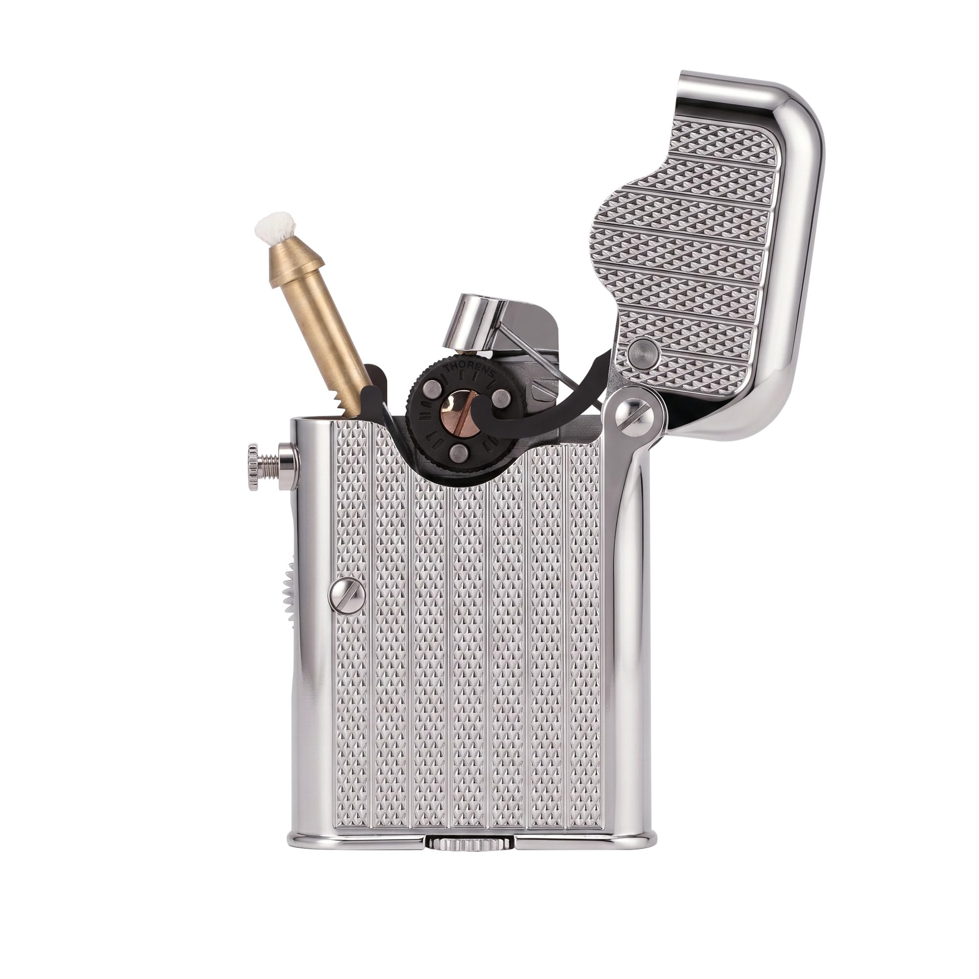 THORENS Gen 7 Single Claw TELEFLAM Fluted Silver, Mechero de Pipa de Latón | Mechero de pipa vintage rellenable, brazo telescópico para alcanzar la cazoleta, llama suave automática, seguro, caja regalo