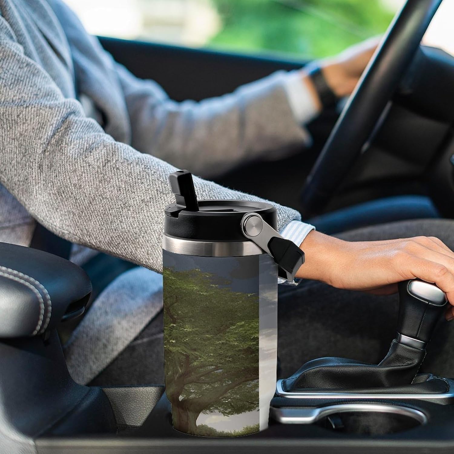Tree with Branch Scenery Water Bottle 30 Oz Fits Car Cup Holder,Insulated Coffee Mug Large Capacity Car Cups,Stainless Steel Double Wall Sport Bottle for Travel Sports Gym
