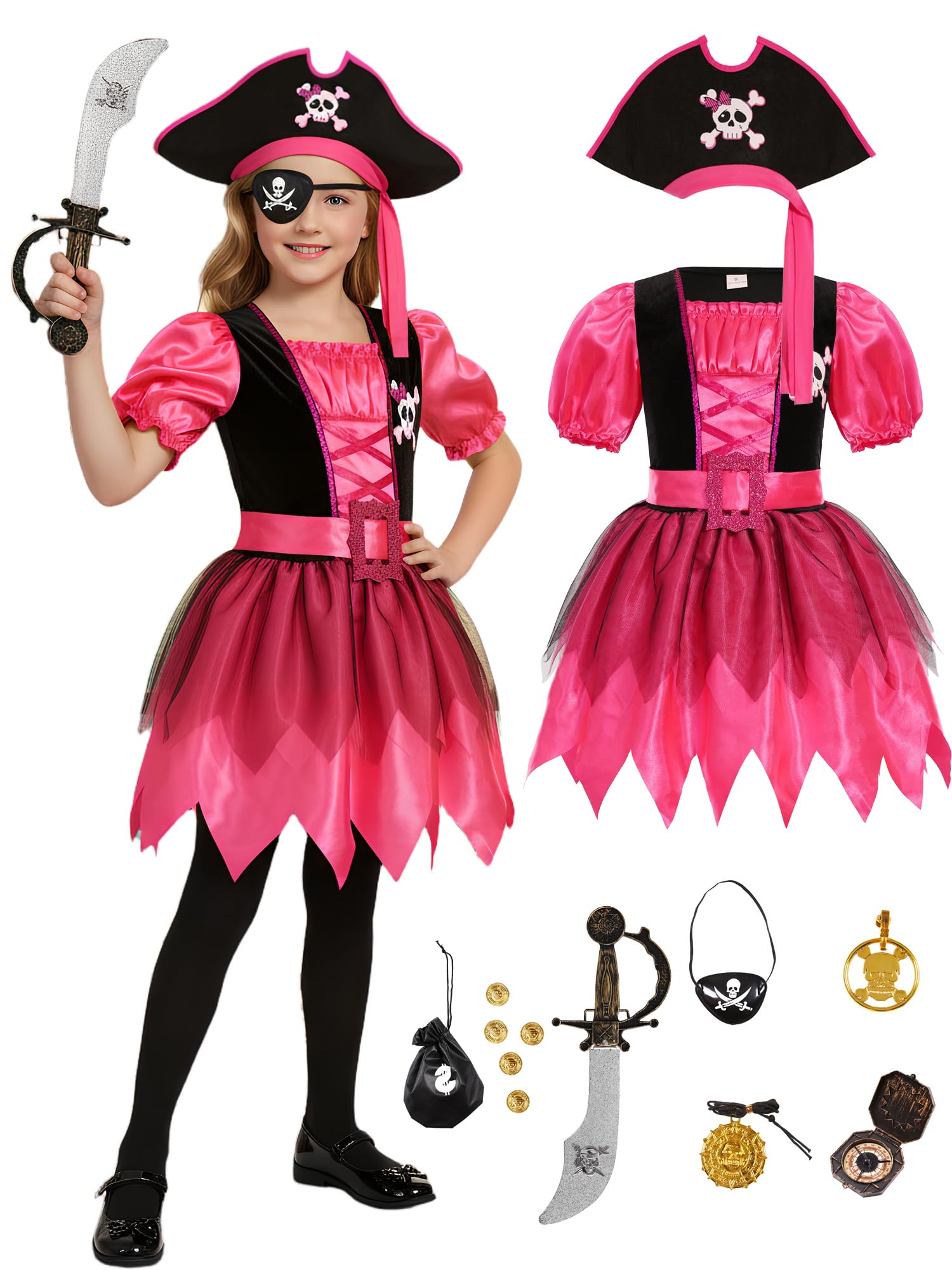 Bordazor Kids Pirate Costume for Girls Buccaneer Dress Halloween Cosply Party