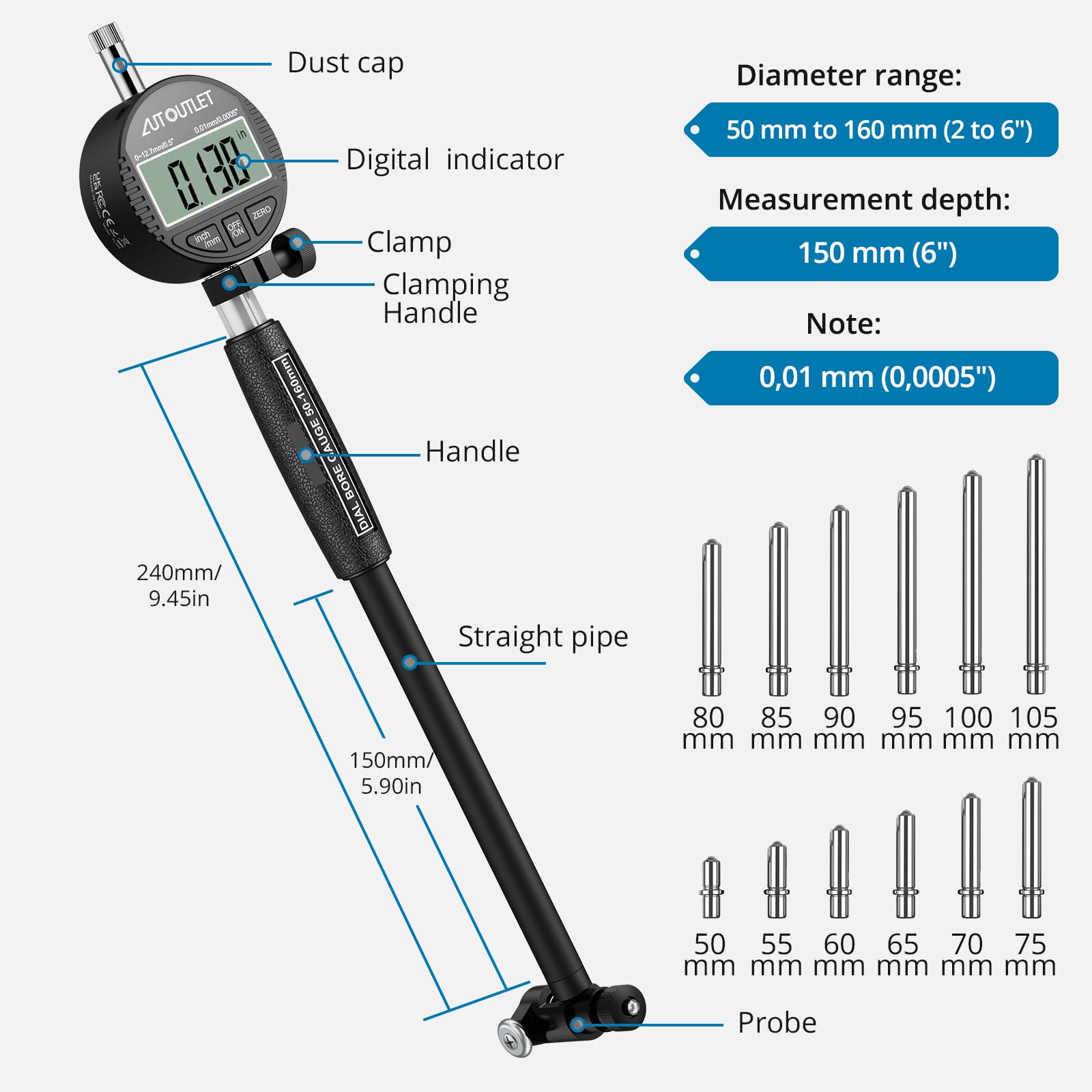 AUTOUTLET Comparateur Électronique 50-160 Mm, Comparateur Numérique 0,01 Mm Mesure À Deux Points Comprend 12 Têtes Interchangeables Pour L'ingénierie Mécanique Et L'entretien Automobile
