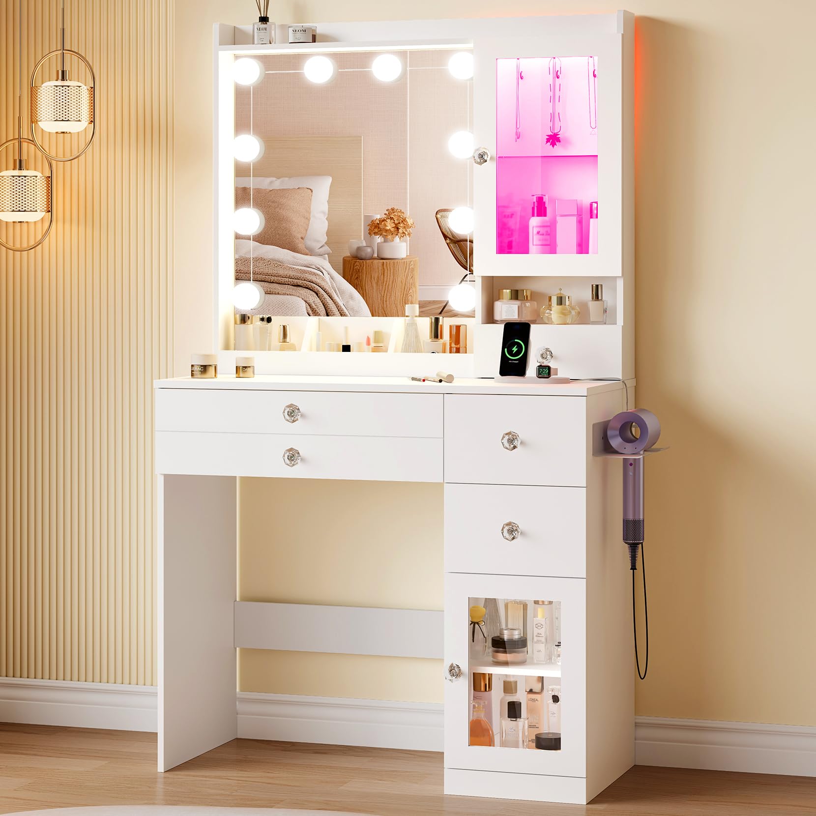 Dripex Dressing Table with Mirror and Lights, Vanity Table with Large LED Mirror, 10 LED Bulbs and Power Outlet and Hair Dryer Holder, Makeup Desk with 2 Display Cabinets, 3 Drawers and 4 Open Shelves