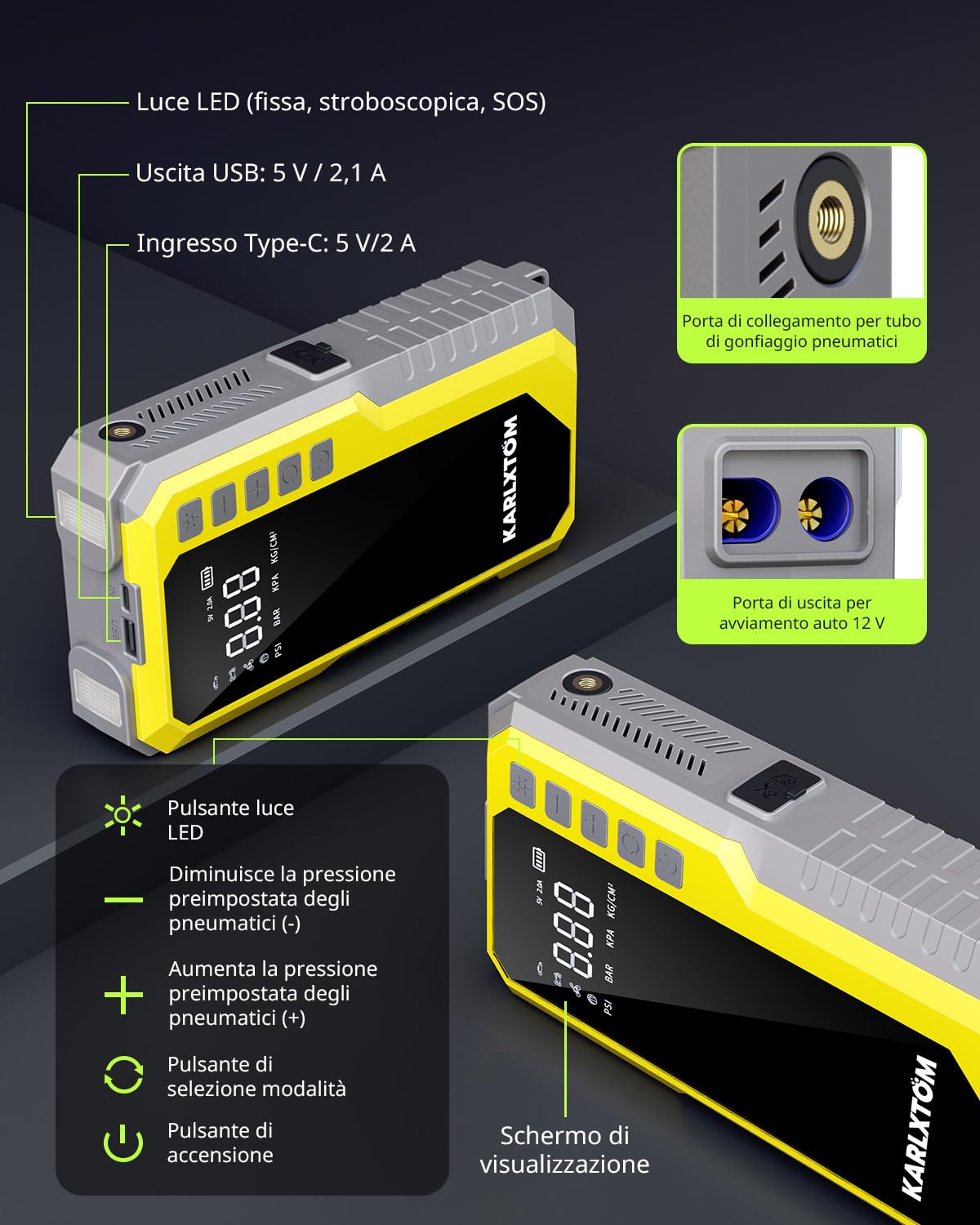Karlxtom Booster Avviamento Auto con Compressore 190PSI, 12V Avviatore Batteria Auto (Tutto Gas/10L Diesel), Ingresso/Uscita Alimentazione di Avviamento e Luce LED da 500 LUM, Display LCD