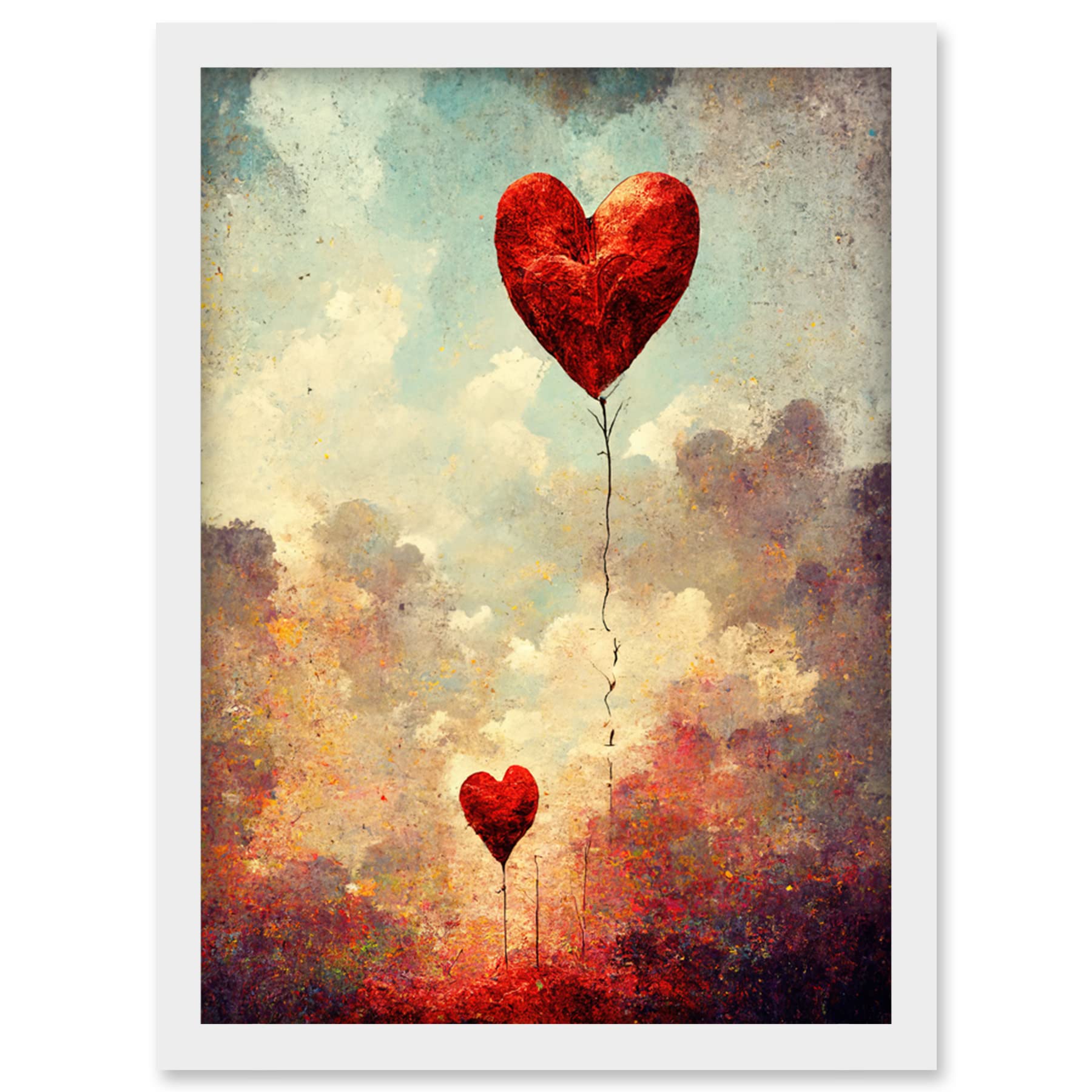 Doppelganger33 LTD Modern Abstract Floating Red Love Heart Balloons Artwork Framed Wall Art Print A4