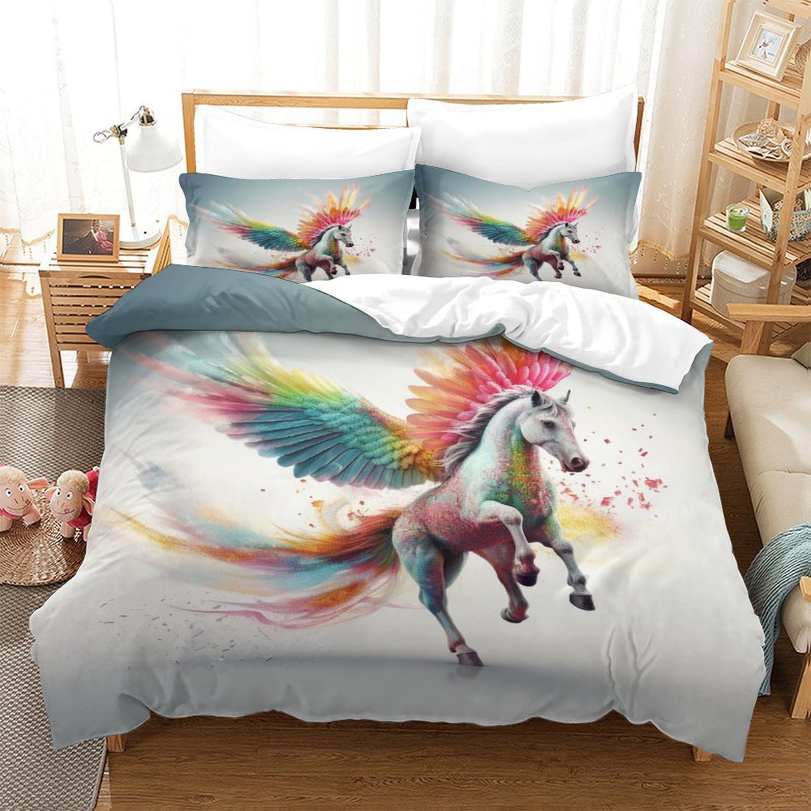 P1S9U7W5Y Fantasy Unicorn 3D Printed Duvet Cover Set 3 Pieces Microfiber Bedroom Decor Rainbow Unicorn Bedding Set For Youth Adults King（220x240cm）